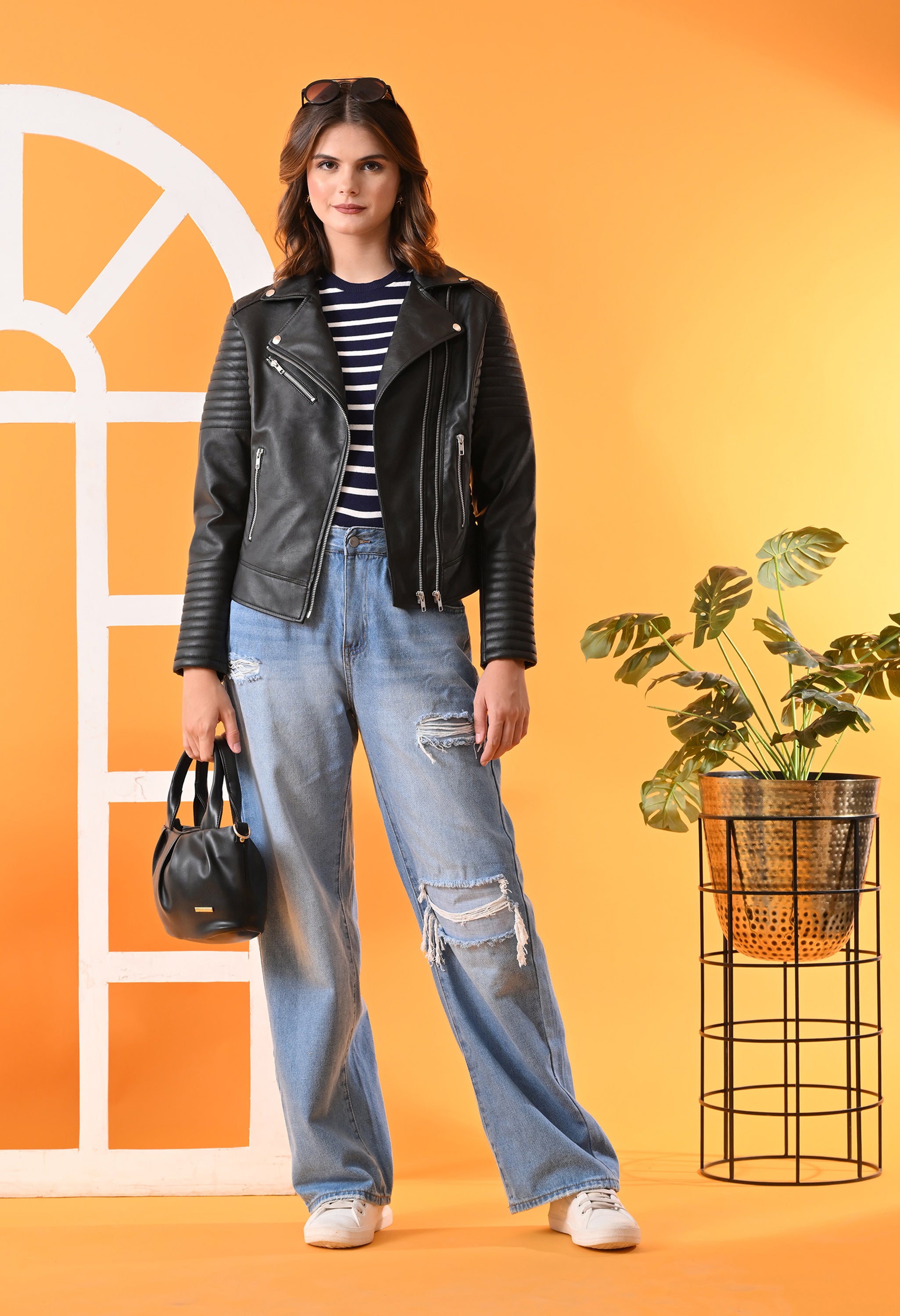 Leather Water Resistant Crop Outdoor Biker Black Jacket for women