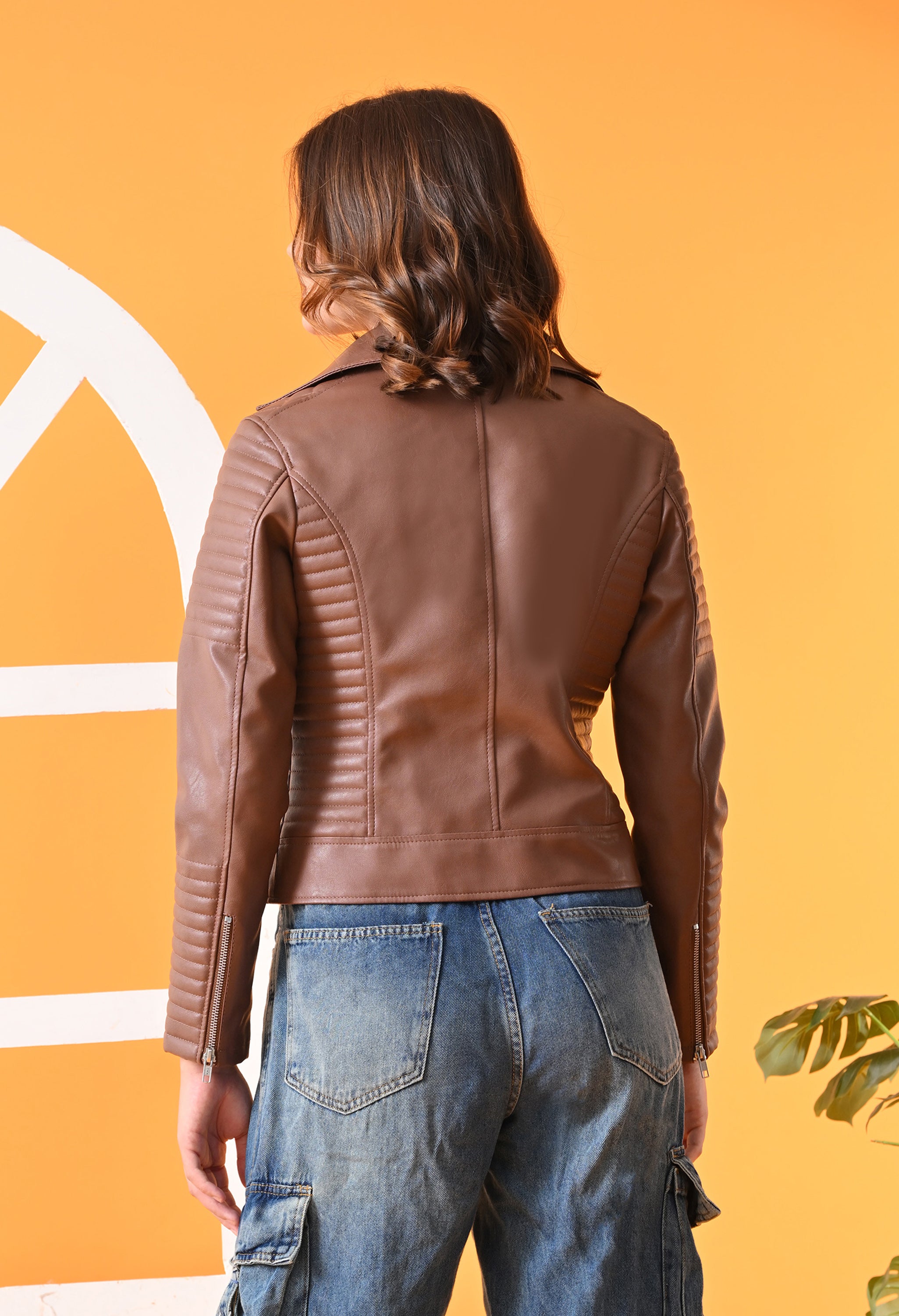 Leather Water Resistant Crop Outdoor Biker Tan Jacket for women