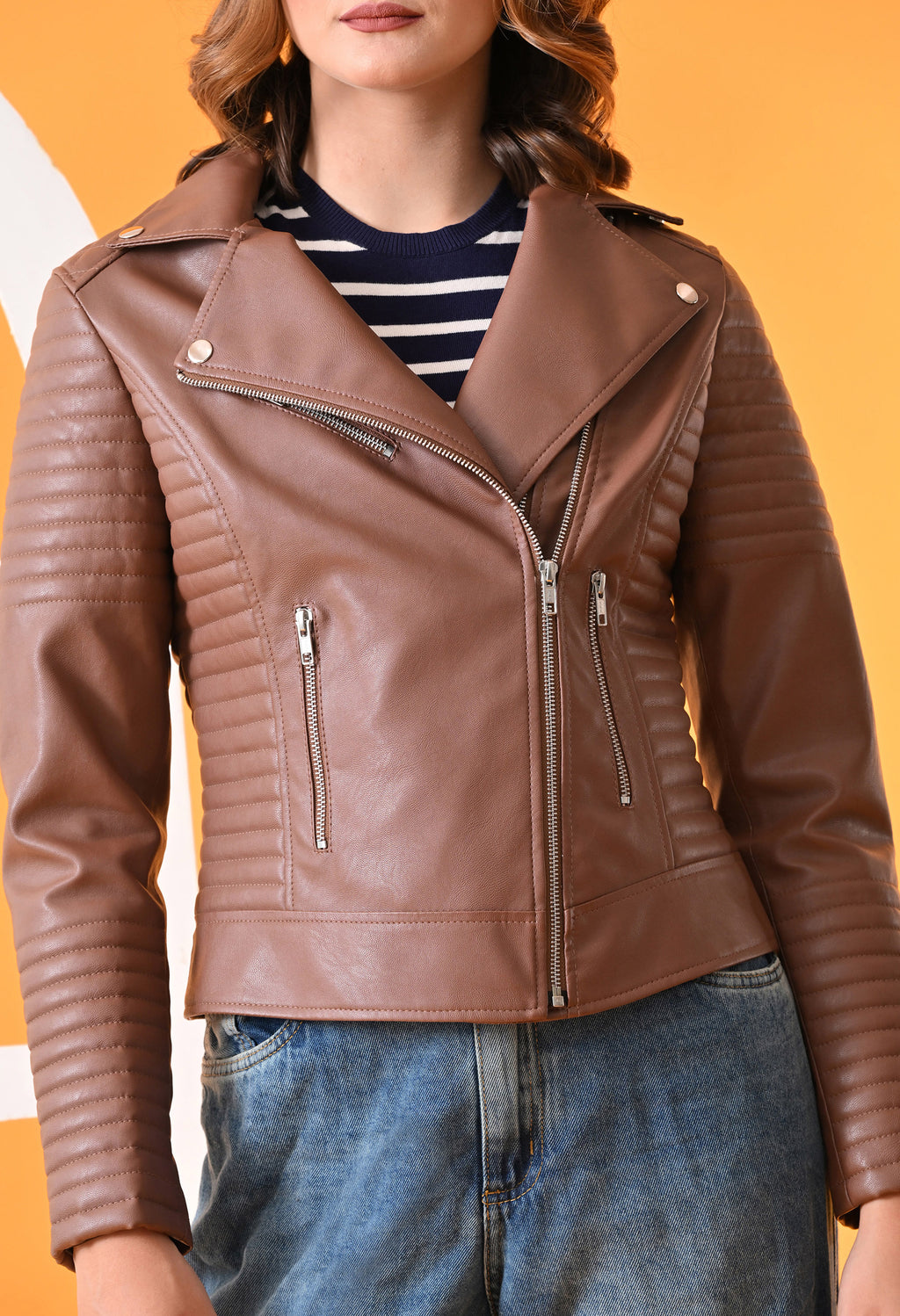 Leather Water Resistant Crop Outdoor Biker Tan Jacket for women