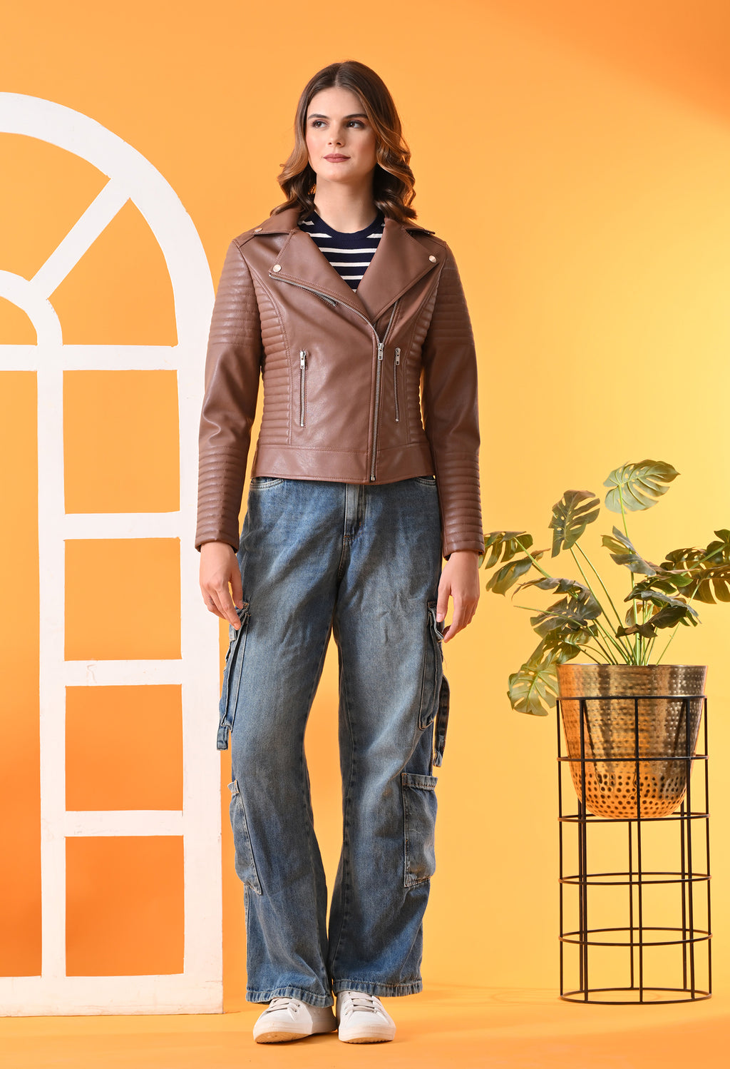 Leather Water Resistant Crop Outdoor Biker Tan Jacket for women