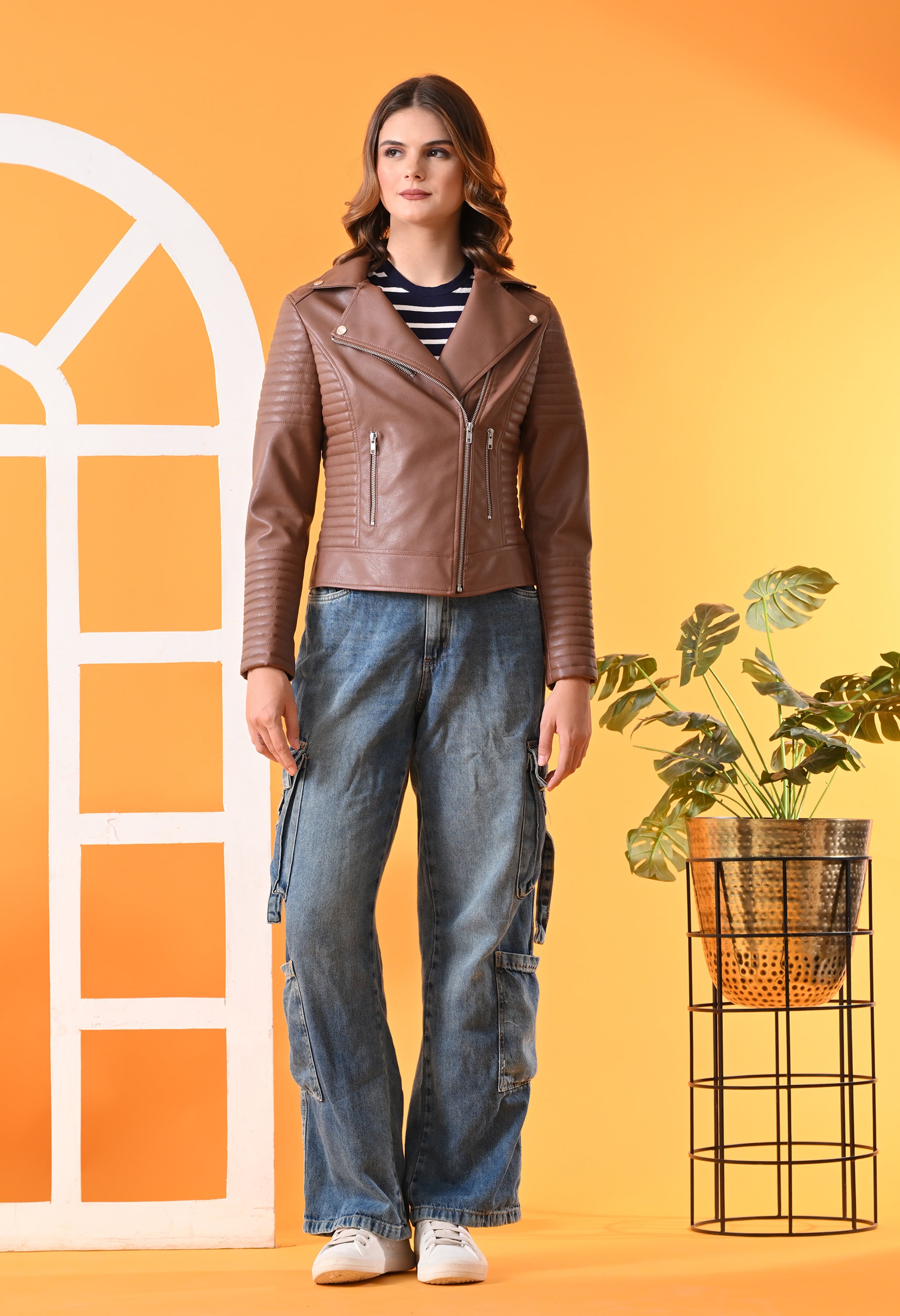 Leather Water Resistant Crop Outdoor Biker Tan Jacket for women