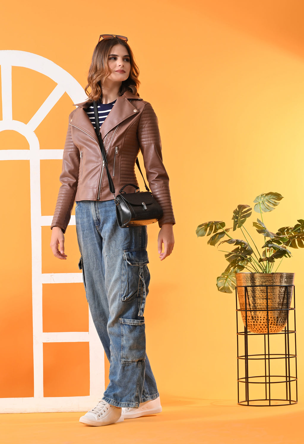 Leather Water Resistant Crop Outdoor Biker Tan Jacket for women