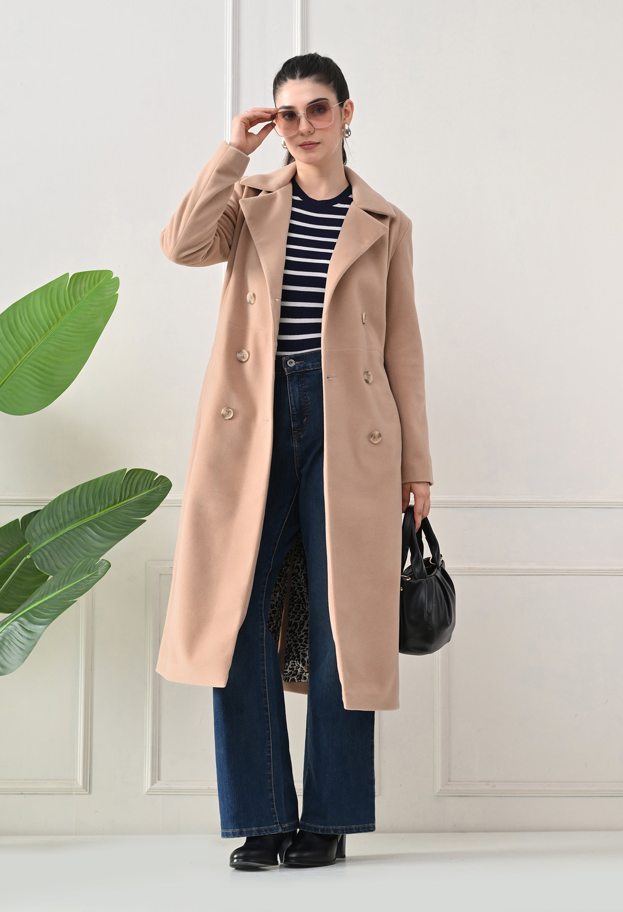 Women Belted Notched Lapel Double-Breasted Longline Beige Trench Coat