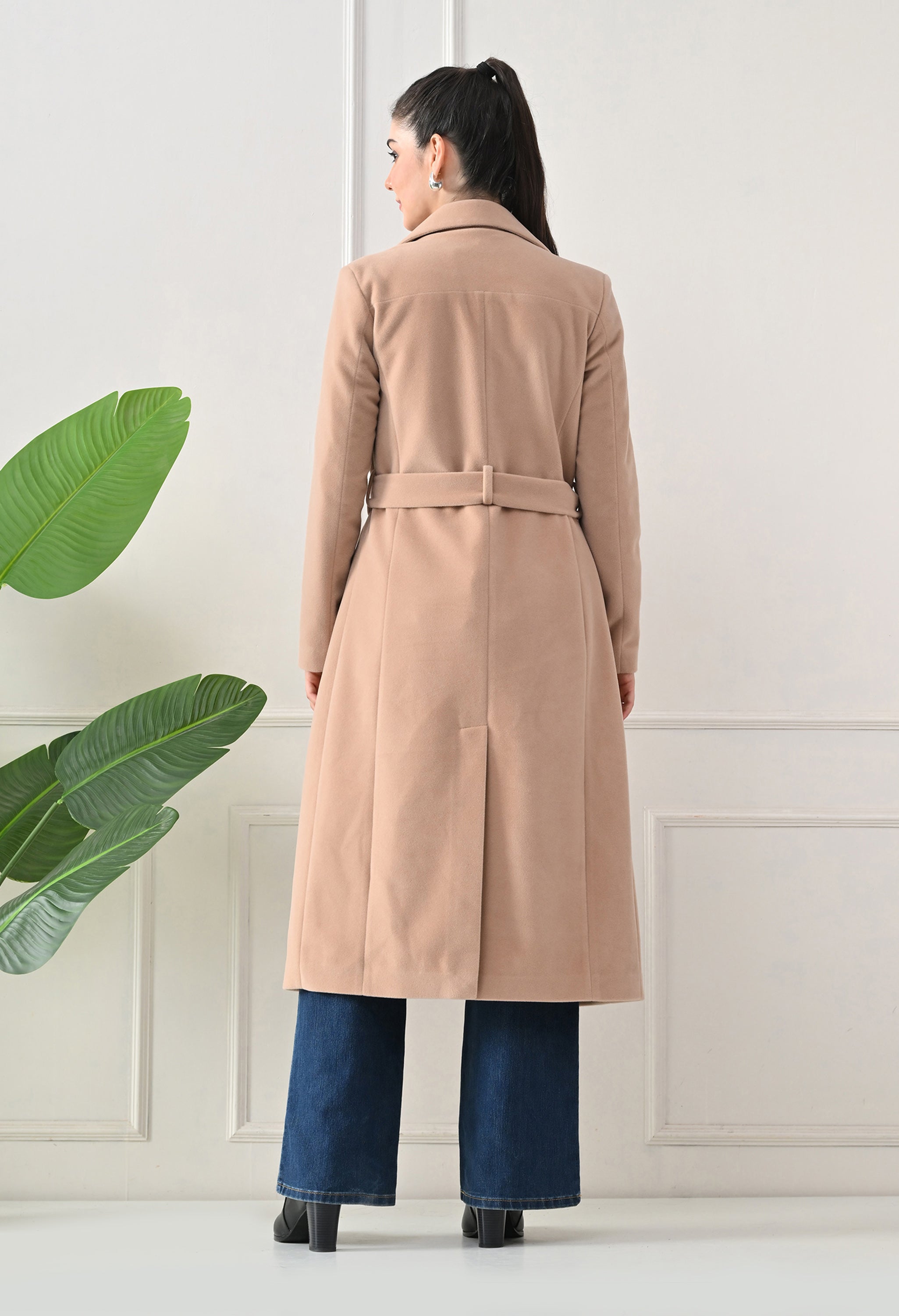 Women Belted Notched Lapel Double-Breasted Longline Beige Trench Coat