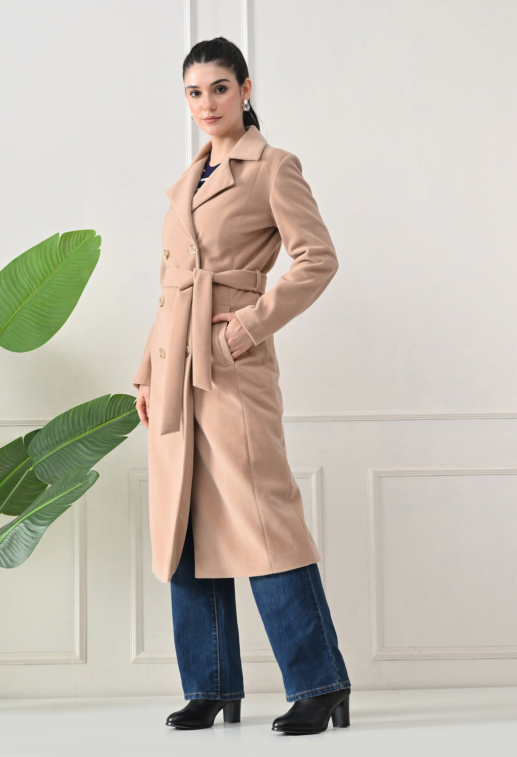 Women Belted Notched Lapel Double-Breasted Longline Beige Trench Coat