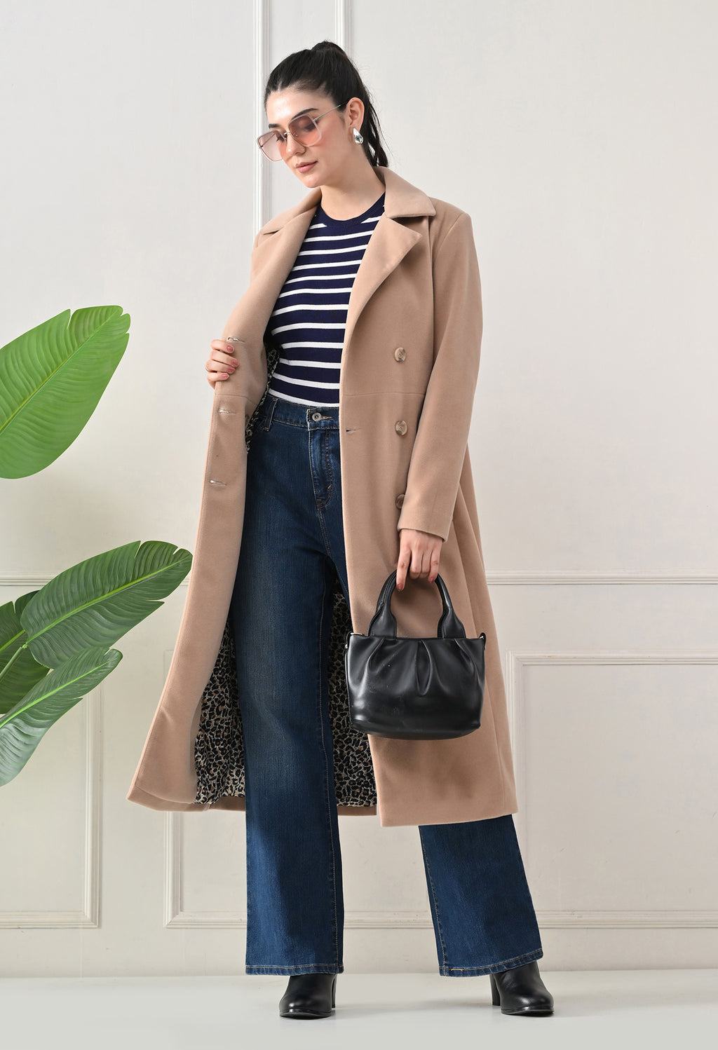 Women Belted Notched Lapel Double-Breasted Longline Beige Trench Coat