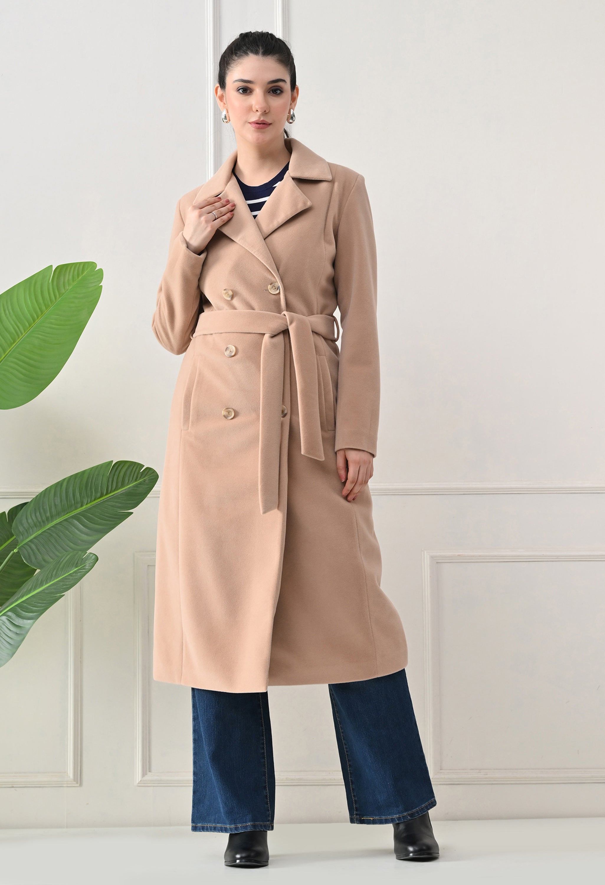 Women Belted Notched Lapel Double-Breasted Longline Beige Trench Coat