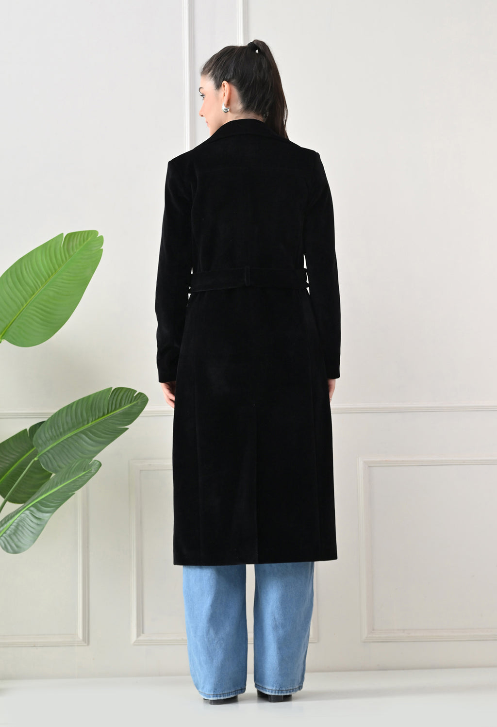 Women Belted Notched Lapel Double-Breasted Longline Black Trench Coat