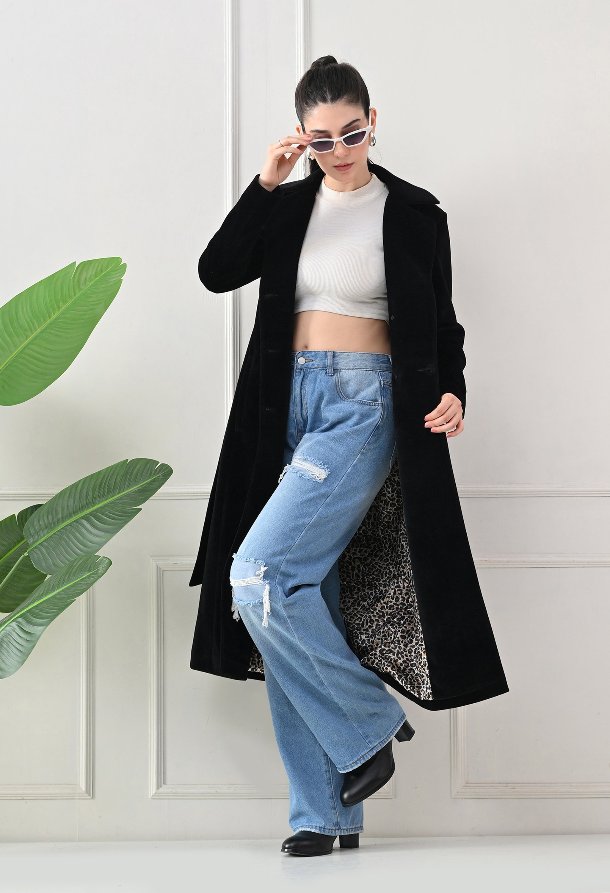 Women Belted Notched Lapel Double-Breasted Longline Black Trench Coat