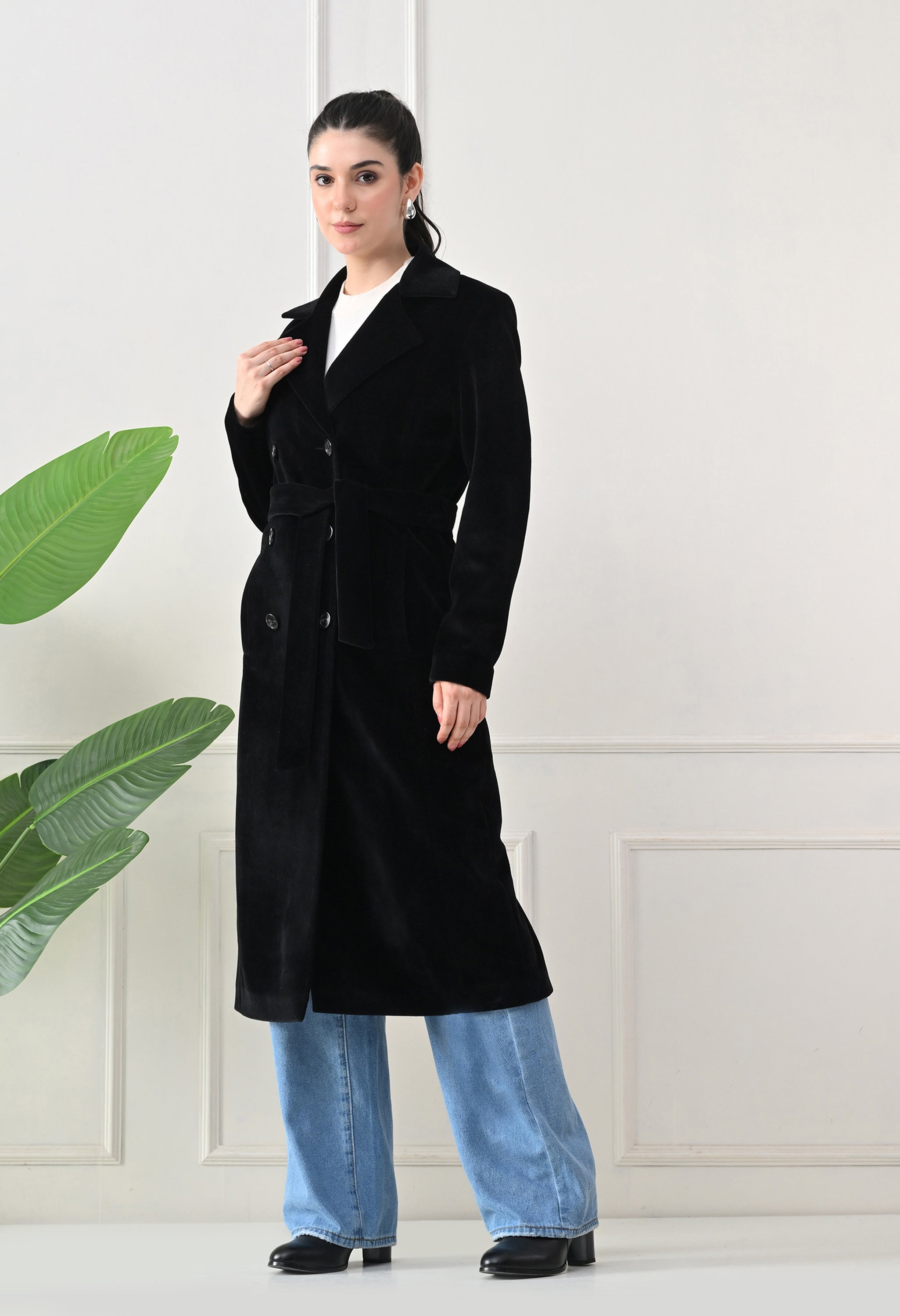 Women Belted Notched Lapel Double-Breasted Longline Black Trench Coat