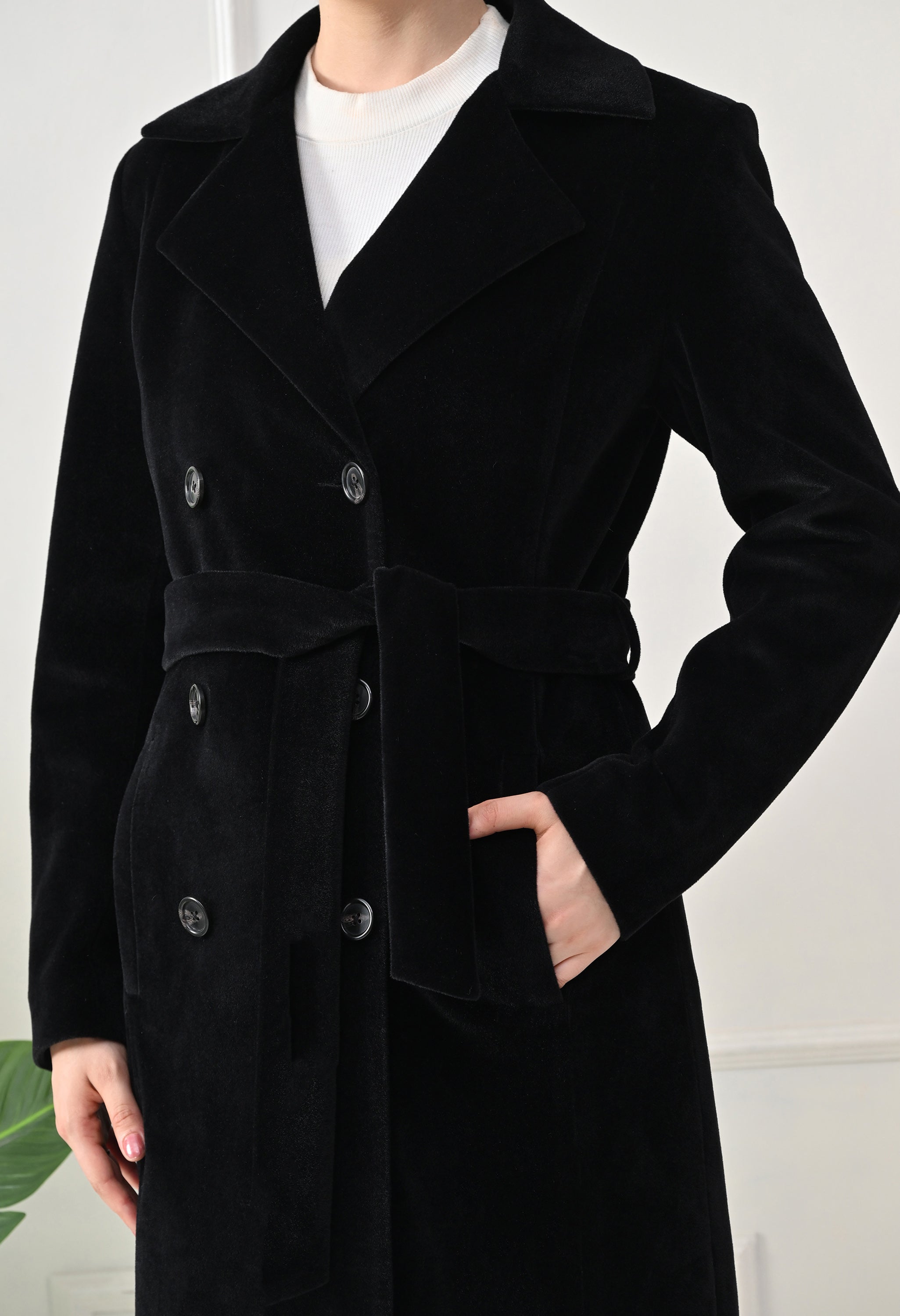 Women Belted Notched Lapel Double-Breasted Longline Black Trench Coat