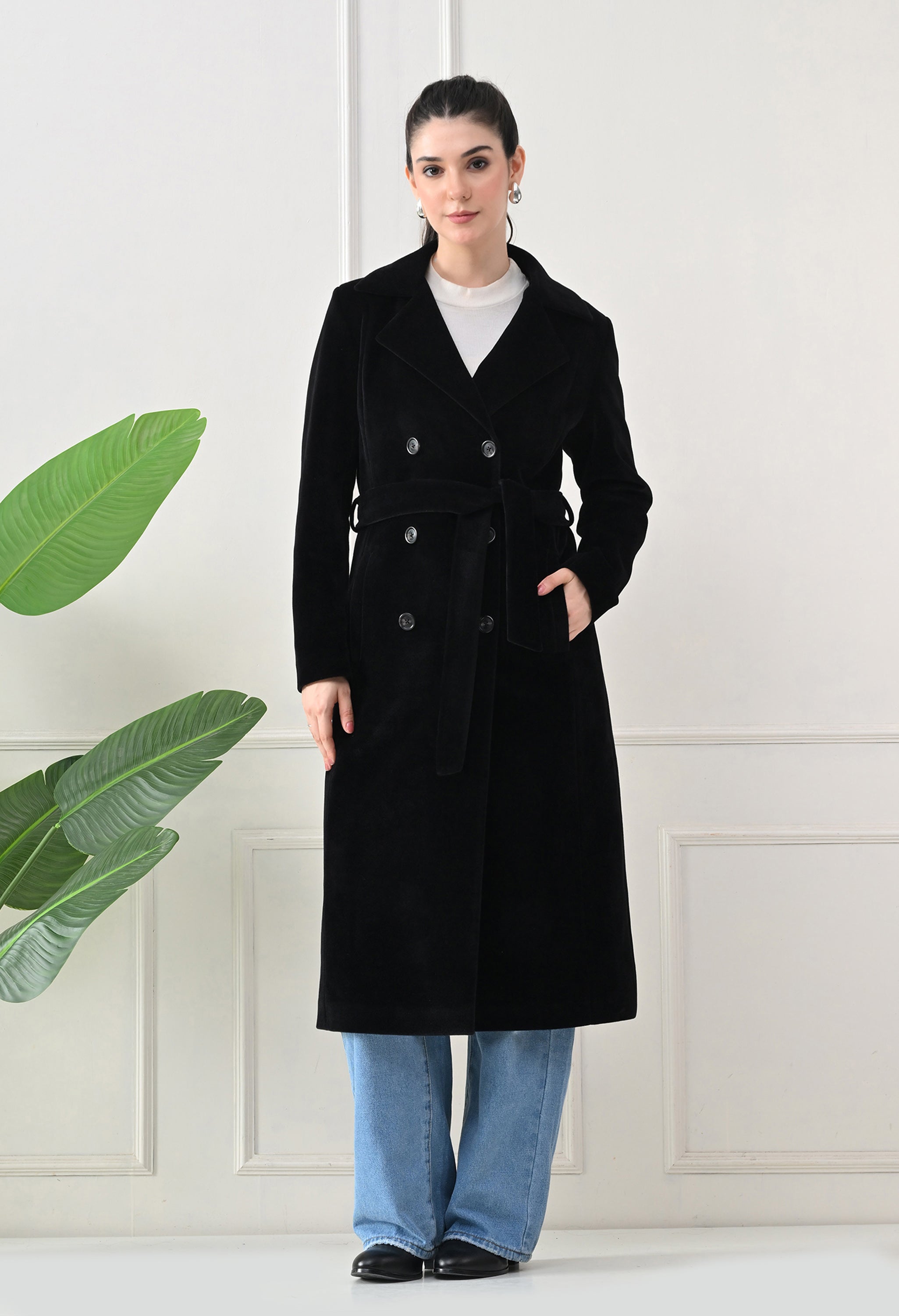 Women Belted Notched Lapel Double-Breasted Longline Black Trench Coat