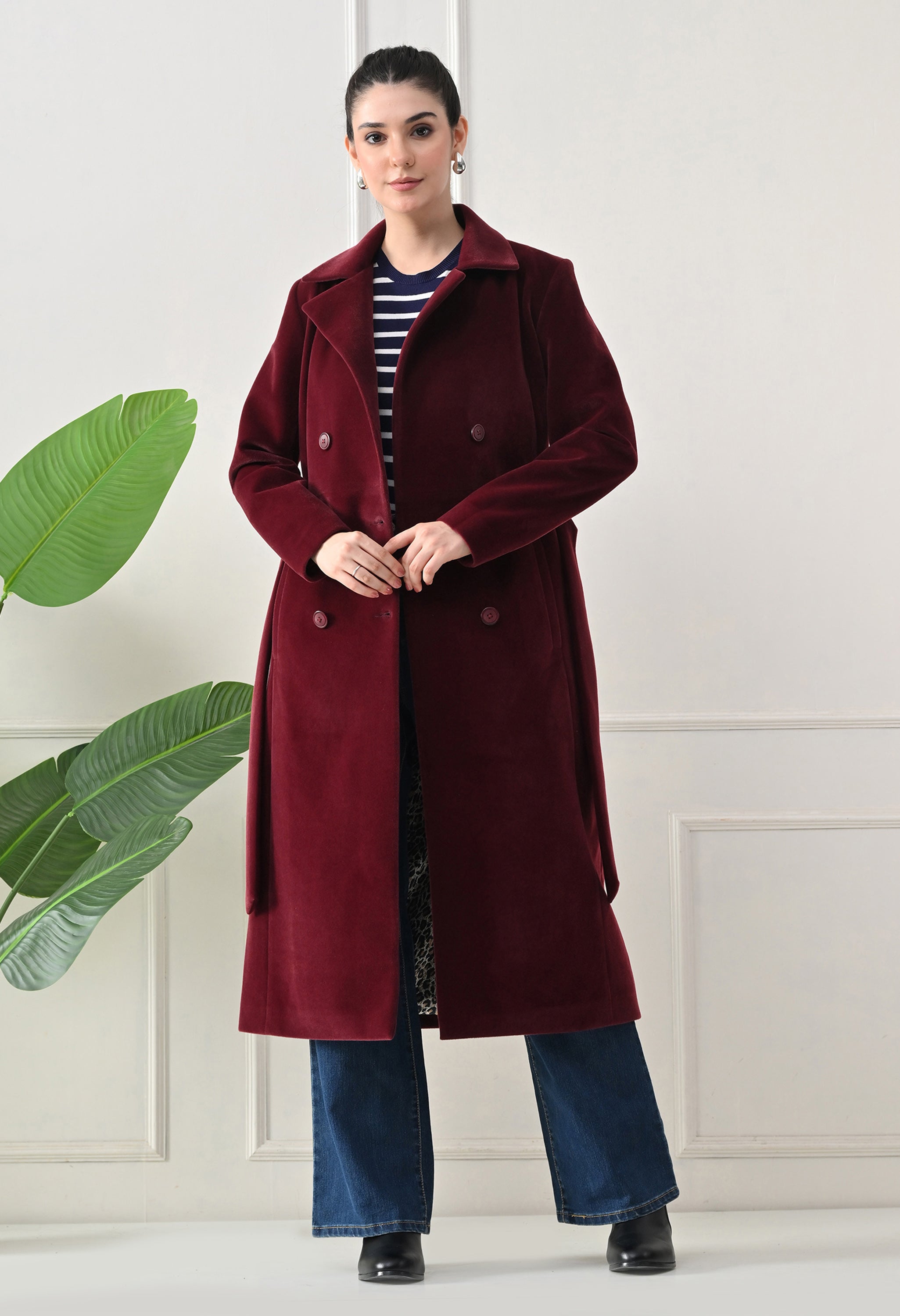 Women Belted Notched Lapel Double-Breasted Longline Maroon Trench Coat