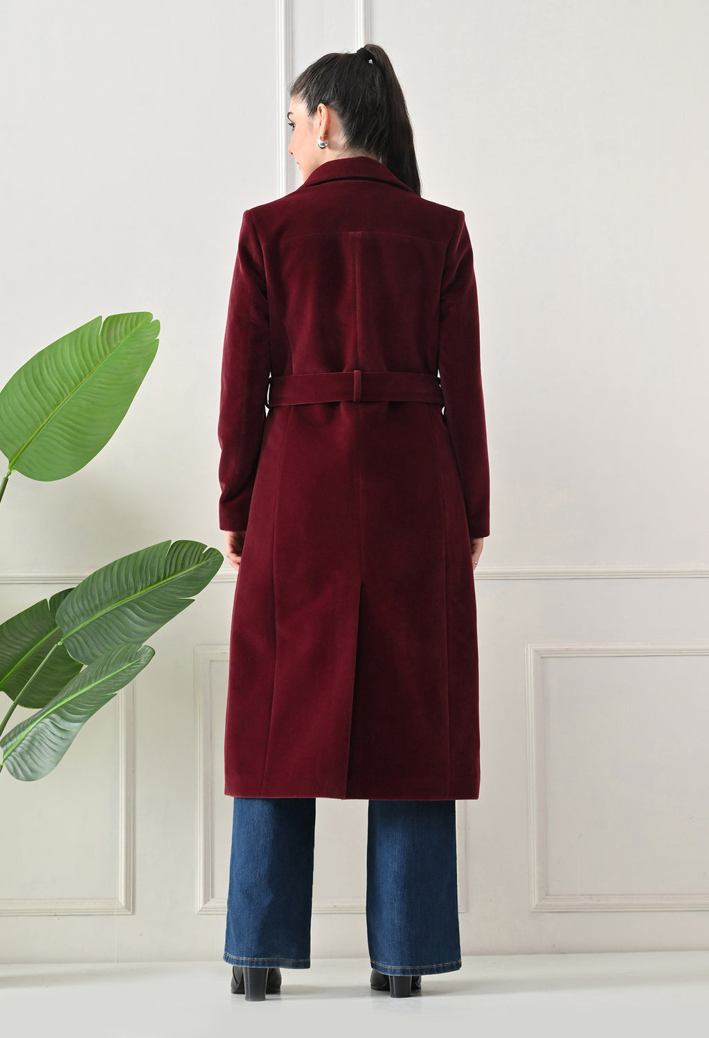 Women Belted Notched Lapel Double-Breasted Longline Maroon Trench Coat