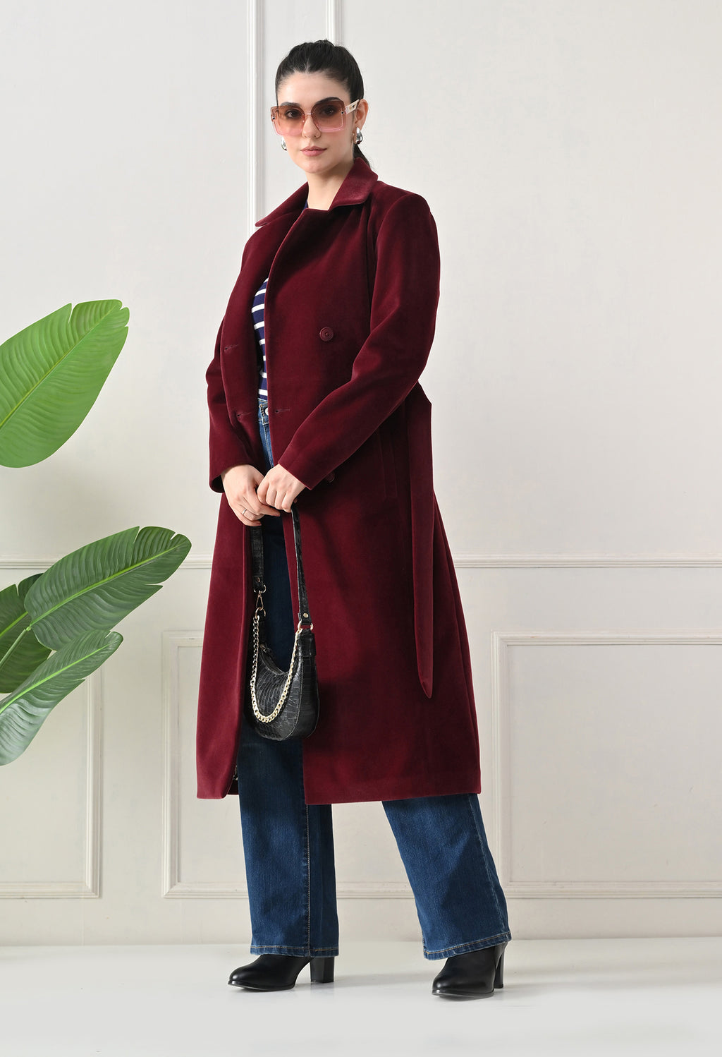 Women Belted Notched Lapel Double-Breasted Longline Maroon Trench Coat