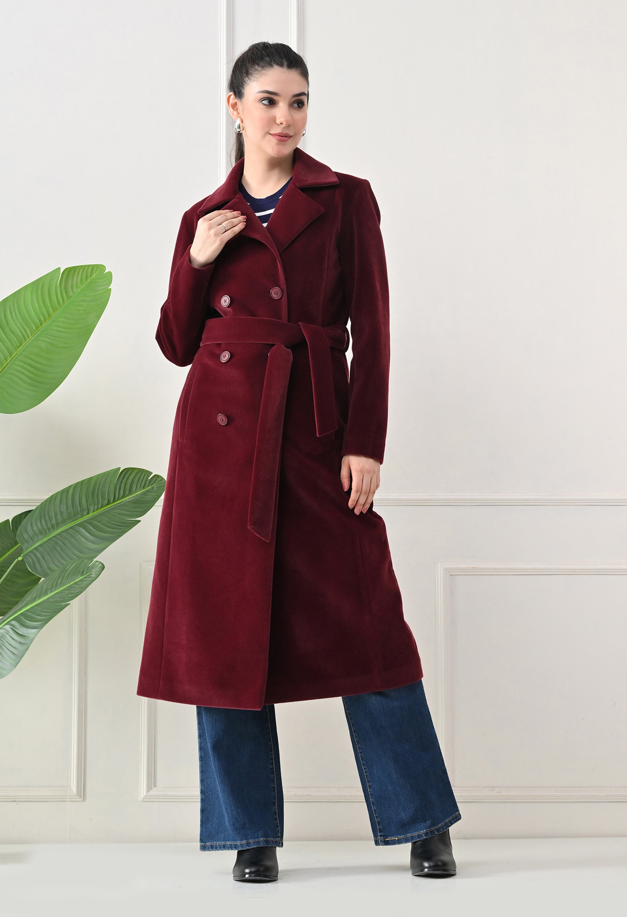 Women Belted Notched Lapel Double-Breasted Longline Maroon Trench Coat