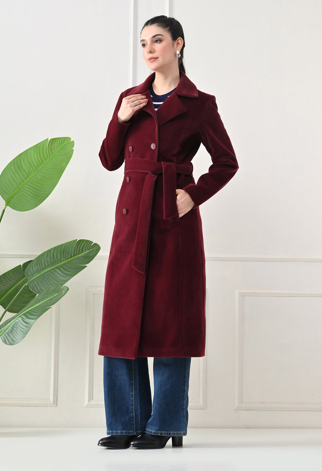 Women Belted Notched Lapel Double-Breasted Longline Maroon Trench Coat