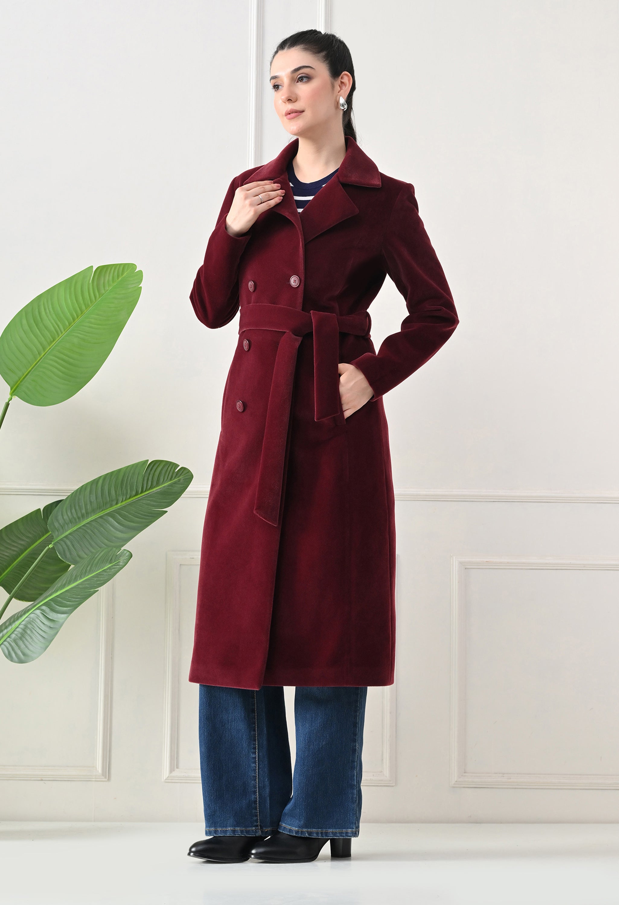 Women Belted Notched Lapel Double-Breasted Longline Maroon Trench Coat