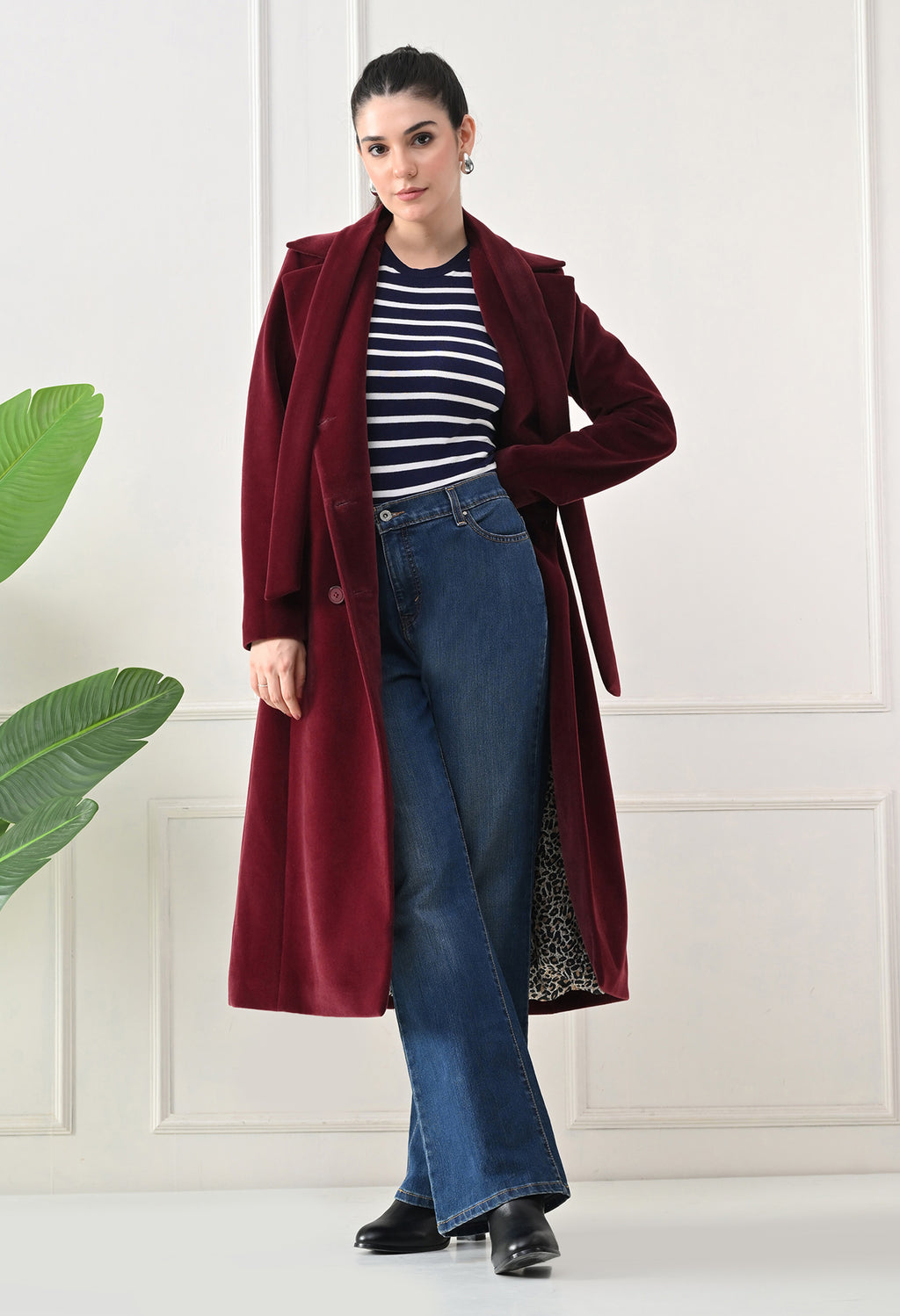 Women Belted Notched Lapel Double-Breasted Longline Maroon Trench Coat