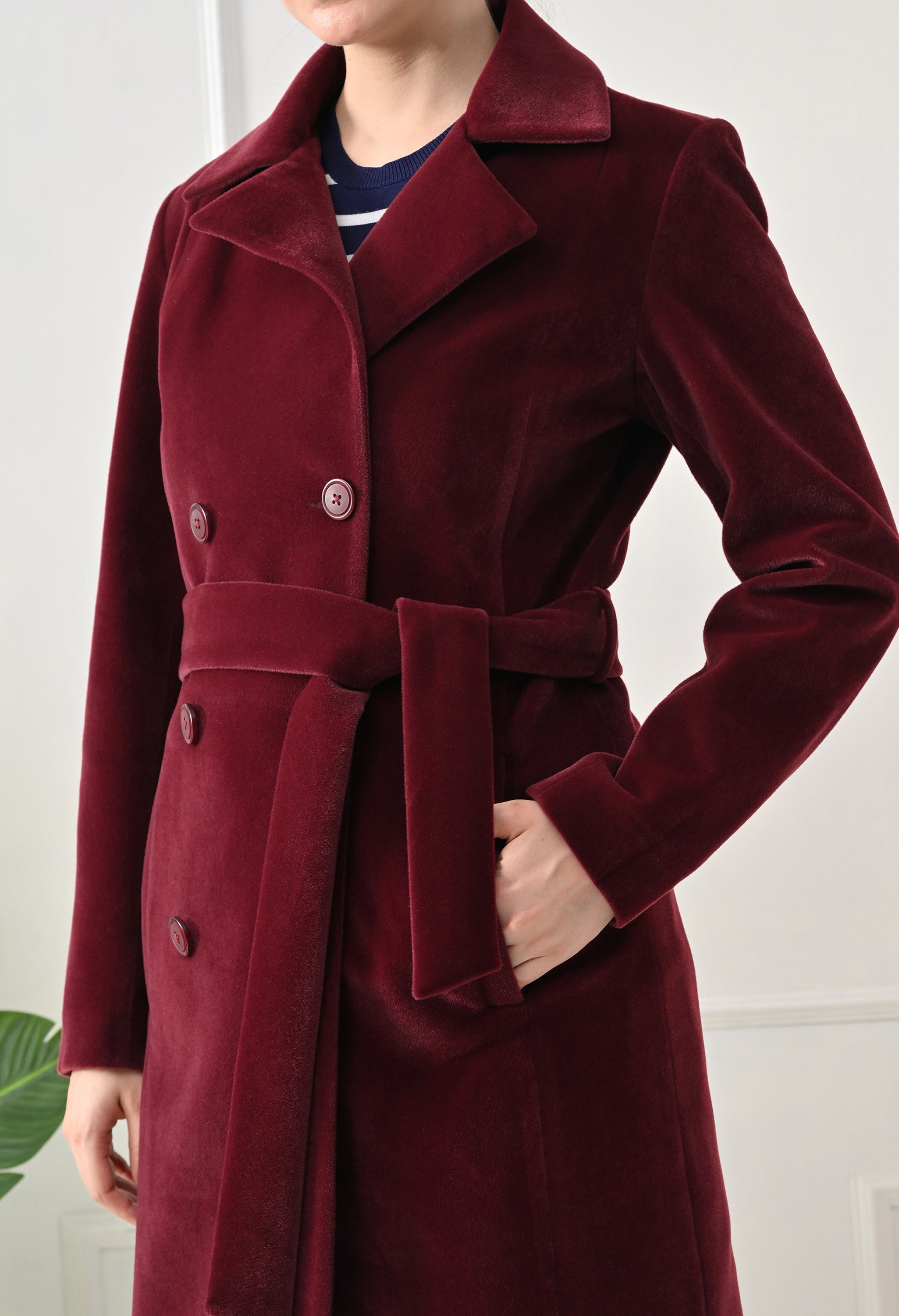 Women Belted Notched Lapel Double-Breasted Longline Maroon Trench Coat
