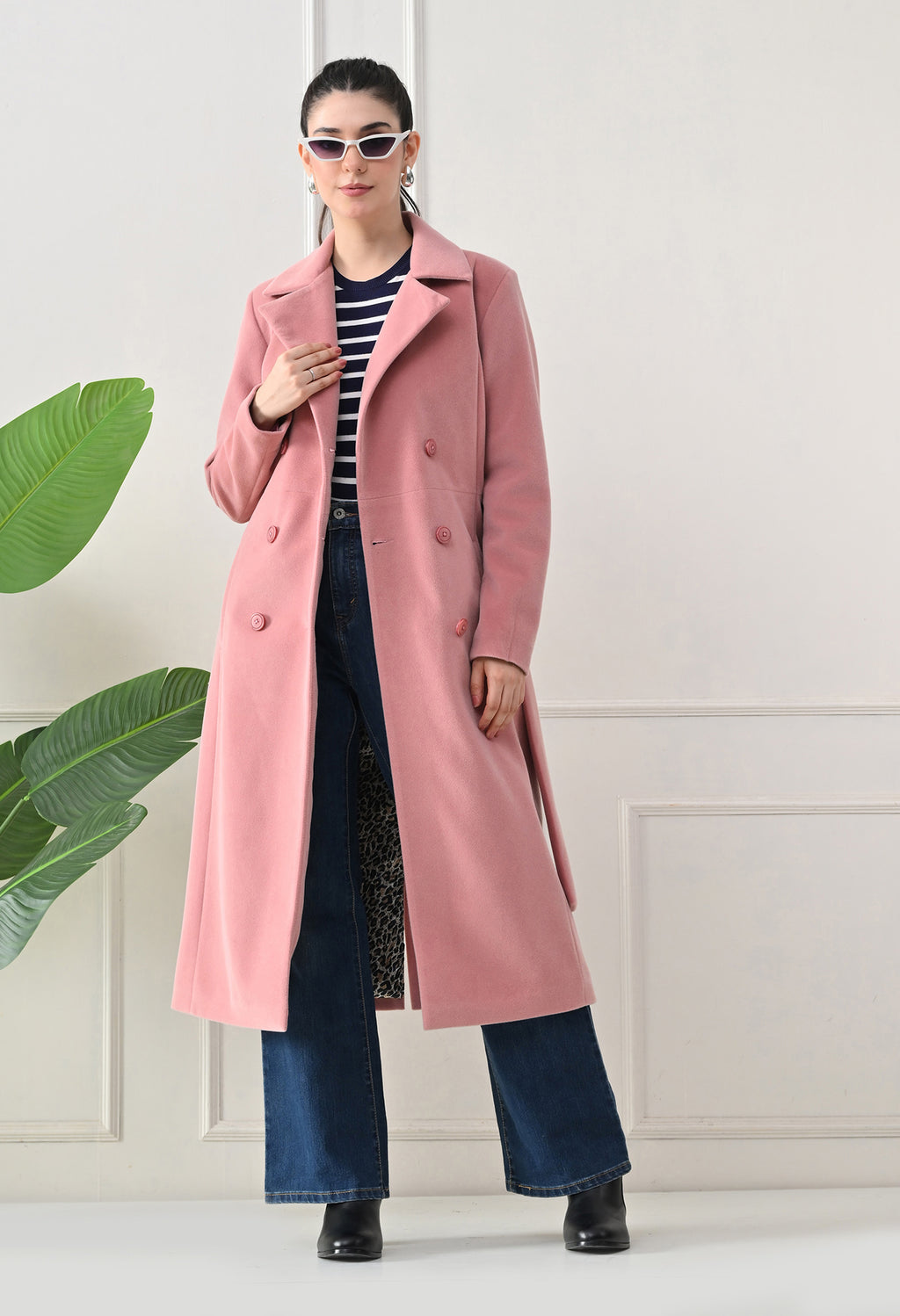 Women Belted Notched Lapel Double-Breasted Longline Pink Trench Coat