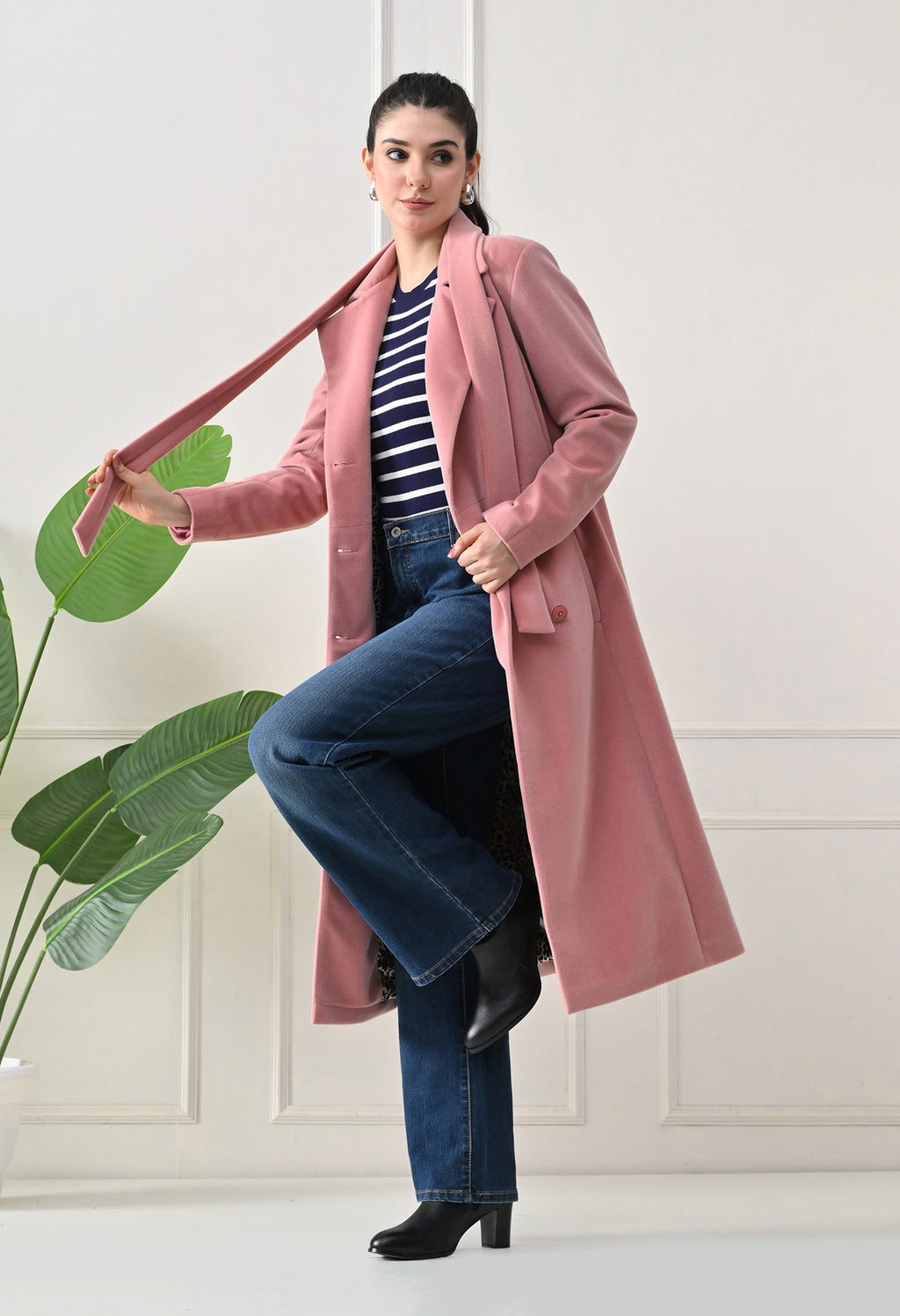 Women Belted Notched Lapel Double-Breasted Longline Pink Trench Coat