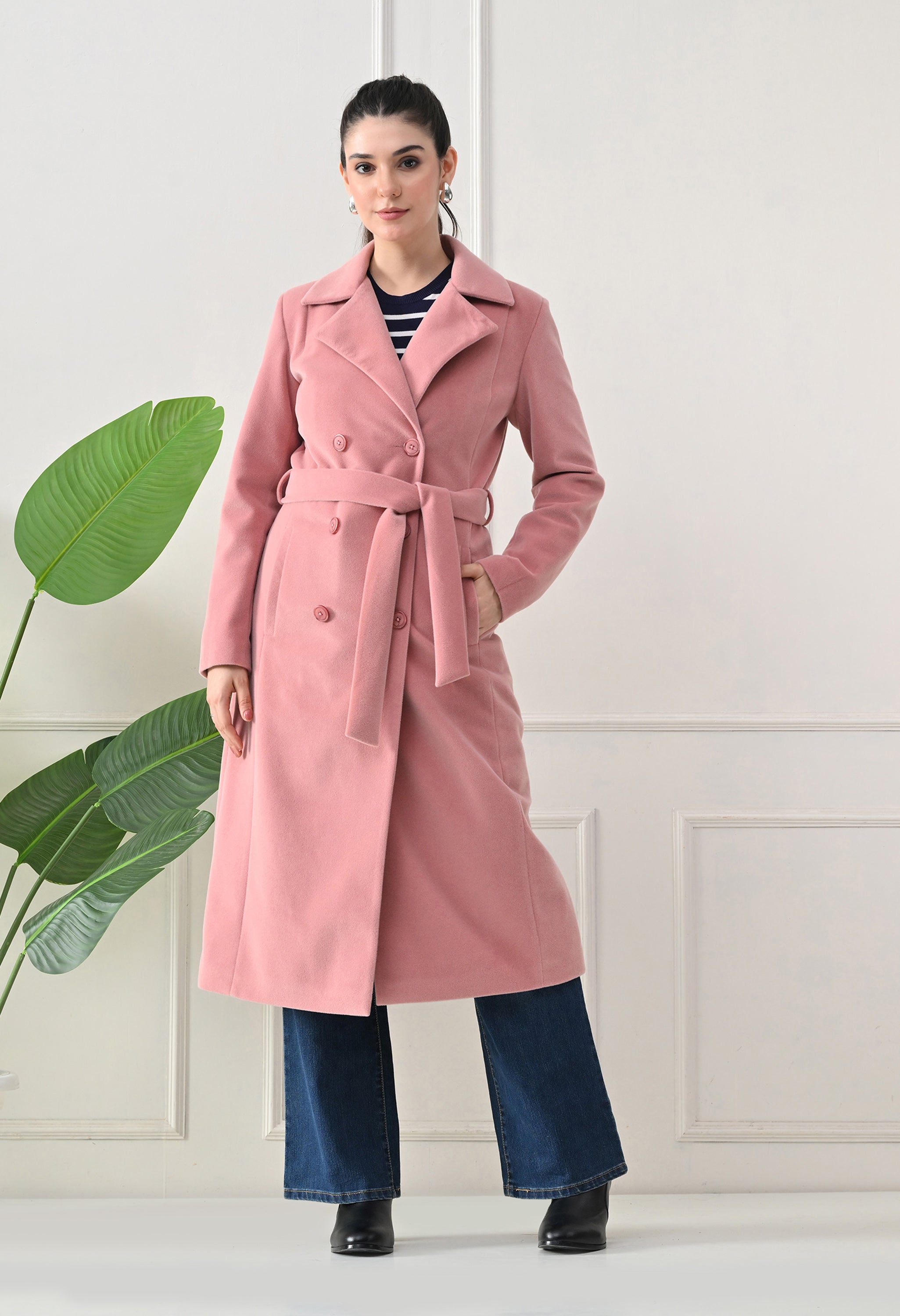 Women Belted Notched Lapel Double-Breasted Longline Pink Trench Coat