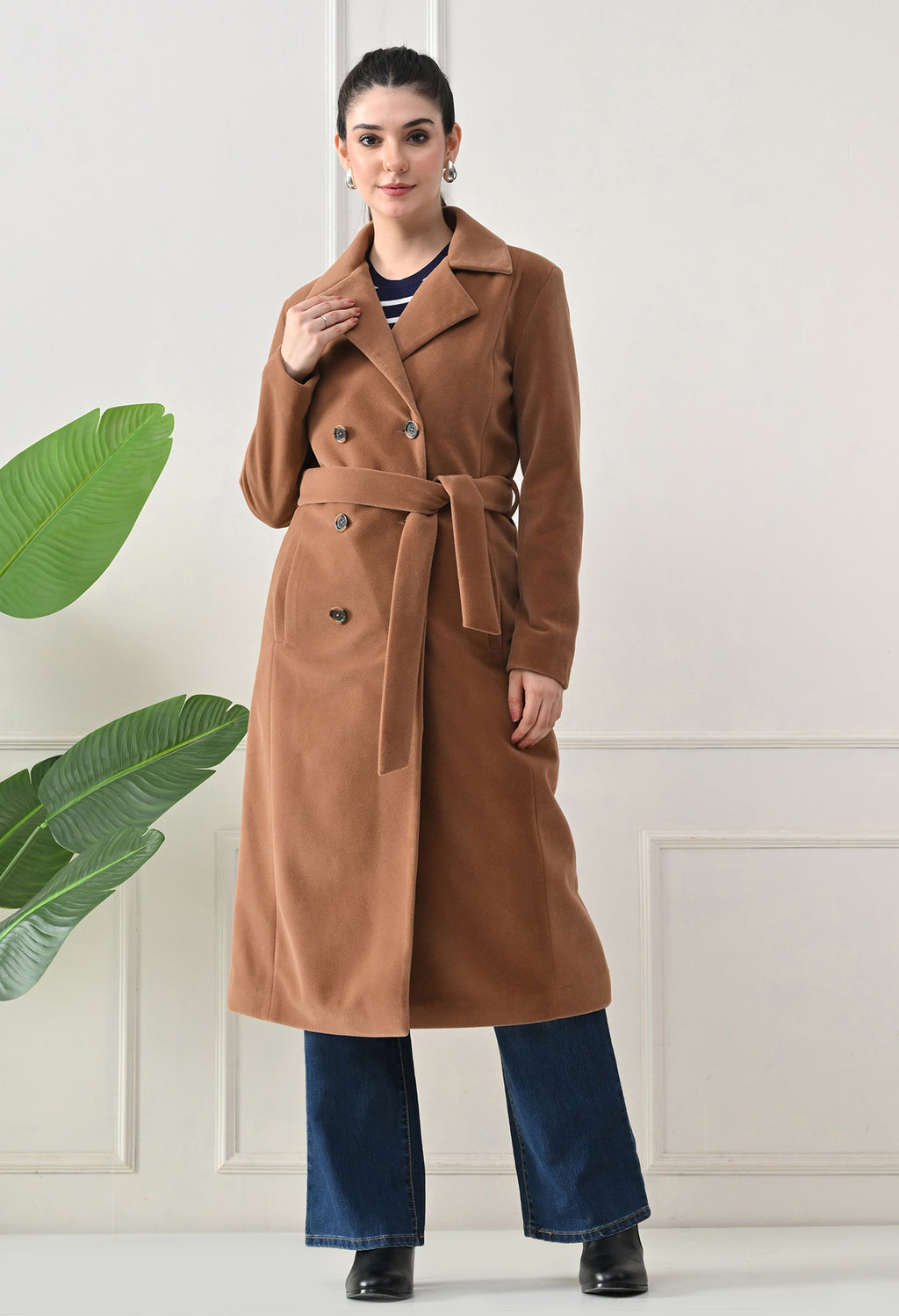 Women Belted Notched Lapel Double-Breasted Longline Tan Trench Coat