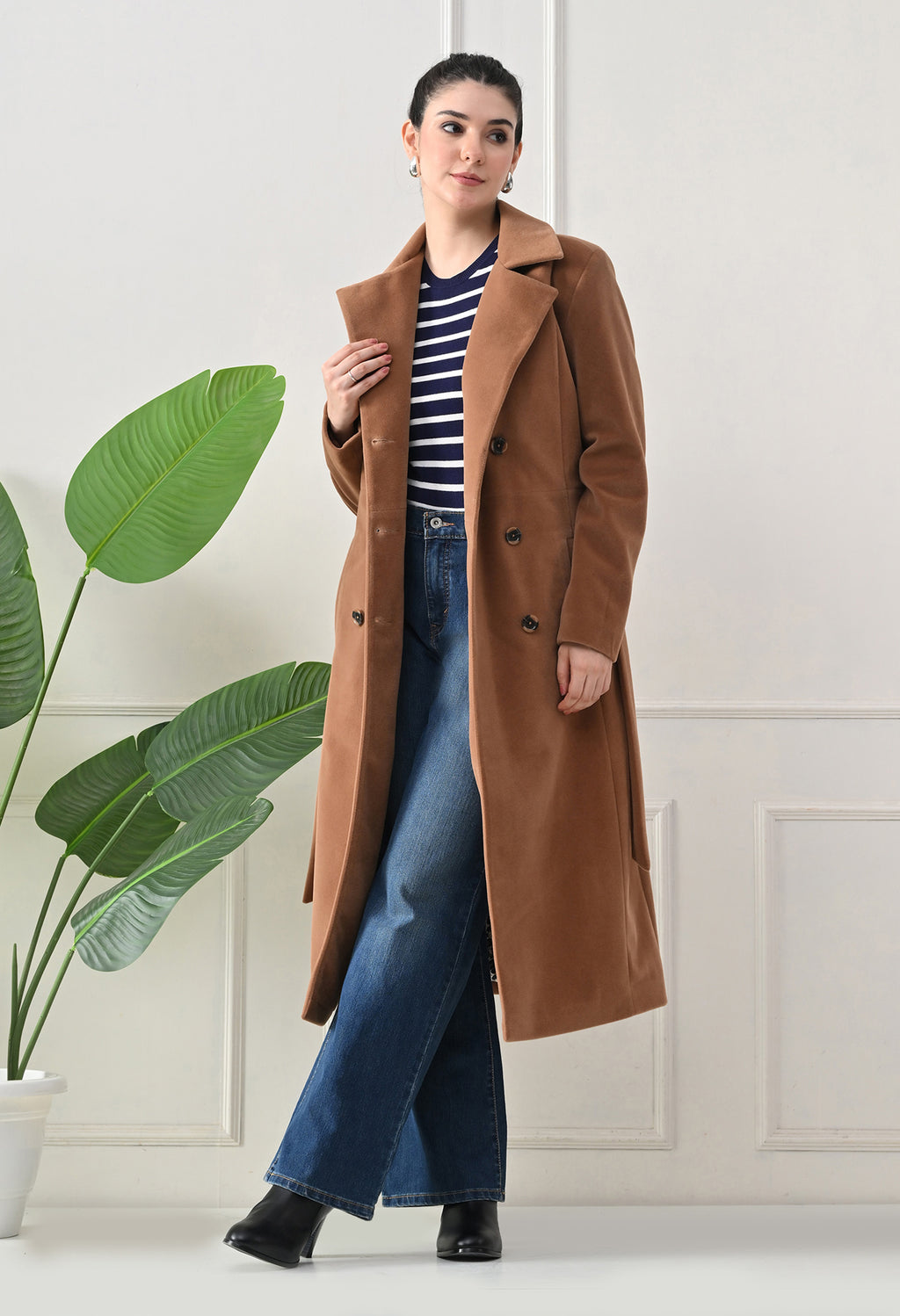 Women Belted Notched Lapel Double-Breasted Longline Tan Trench Coat