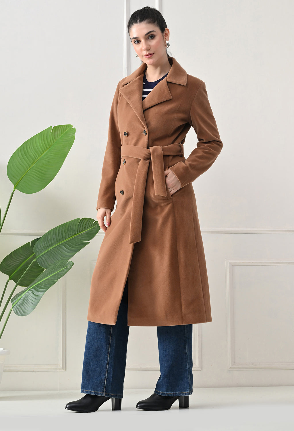 Women Belted Notched Lapel Double-Breasted Longline Tan Trench Coat