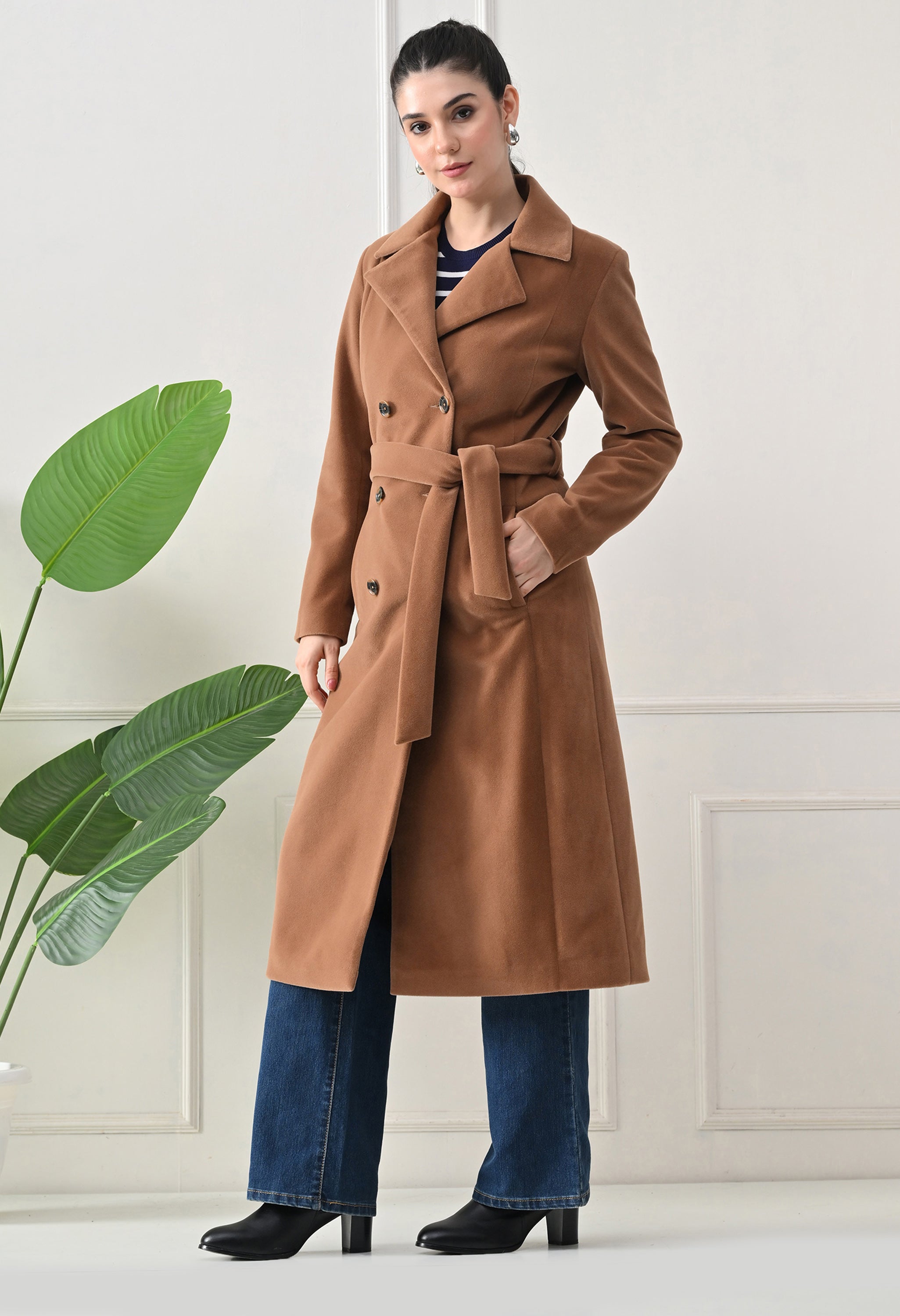 Women Belted Notched Lapel Double-Breasted Longline Tan Trench Coat