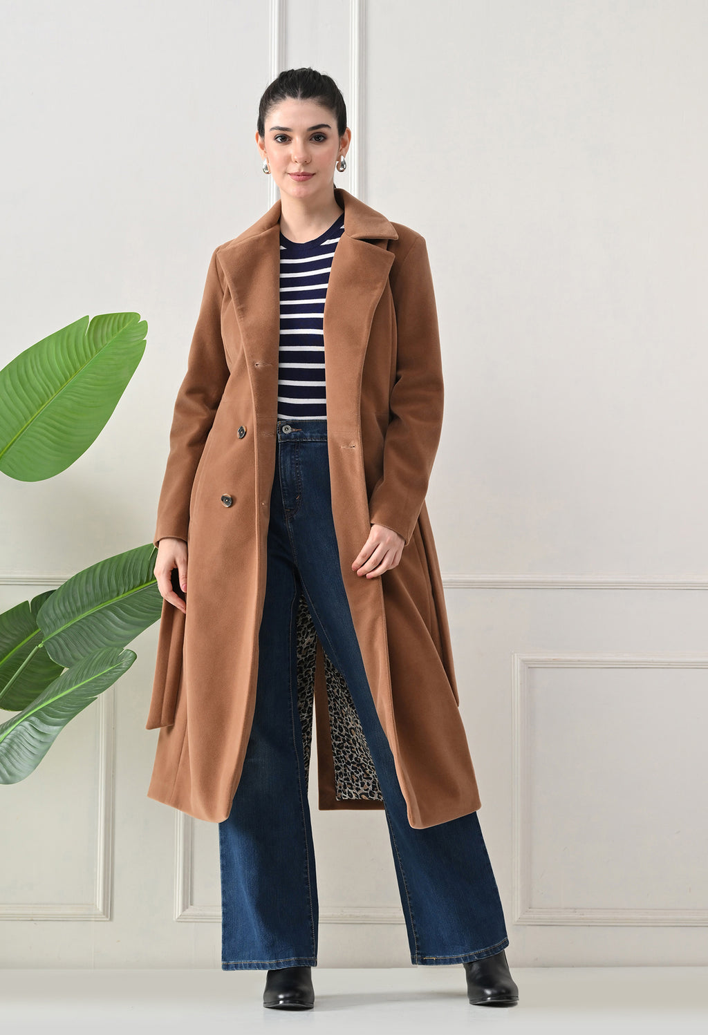 Women Belted Notched Lapel Double-Breasted Longline Tan Trench Coat