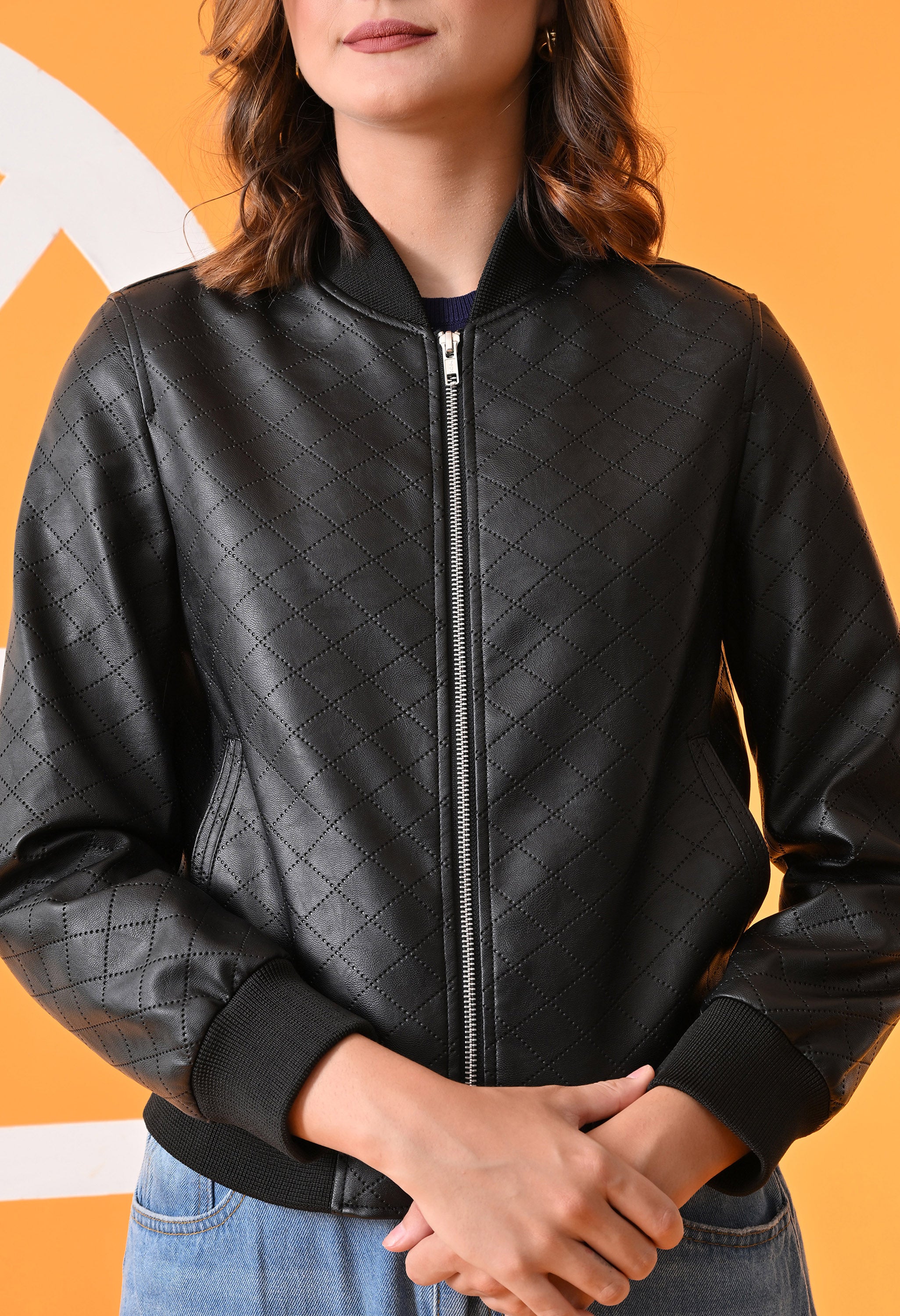Stand Collar Leather Water Resistant Crop Outdoor Black Bomber Jacket for Women