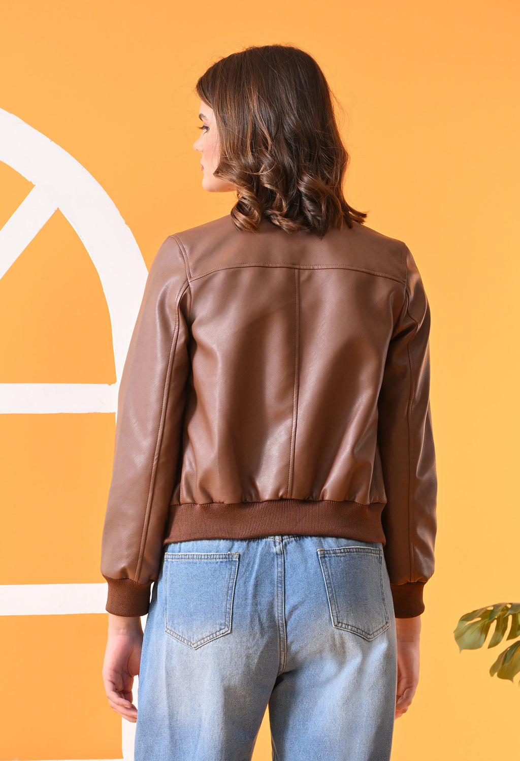 Stand Collar Leather Water Resistant Crop Outdoor Tan Bomber Jacket for Women