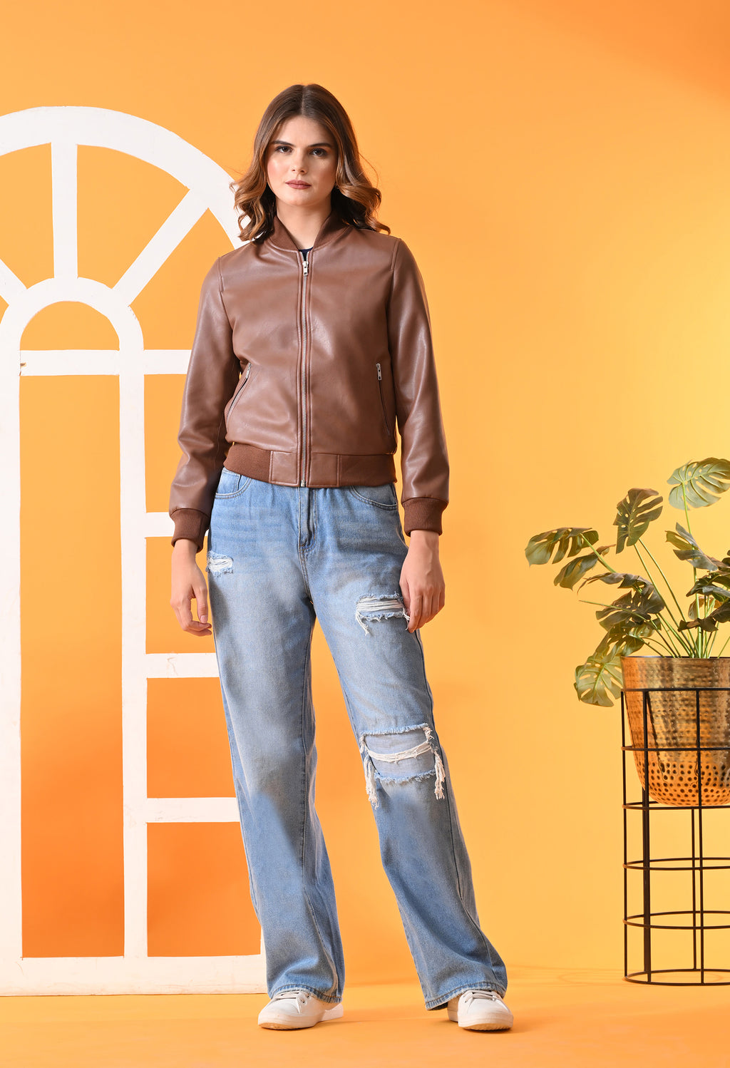 Stand Collar Leather Water Resistant Crop Outdoor Tan Bomber Jacket for Women