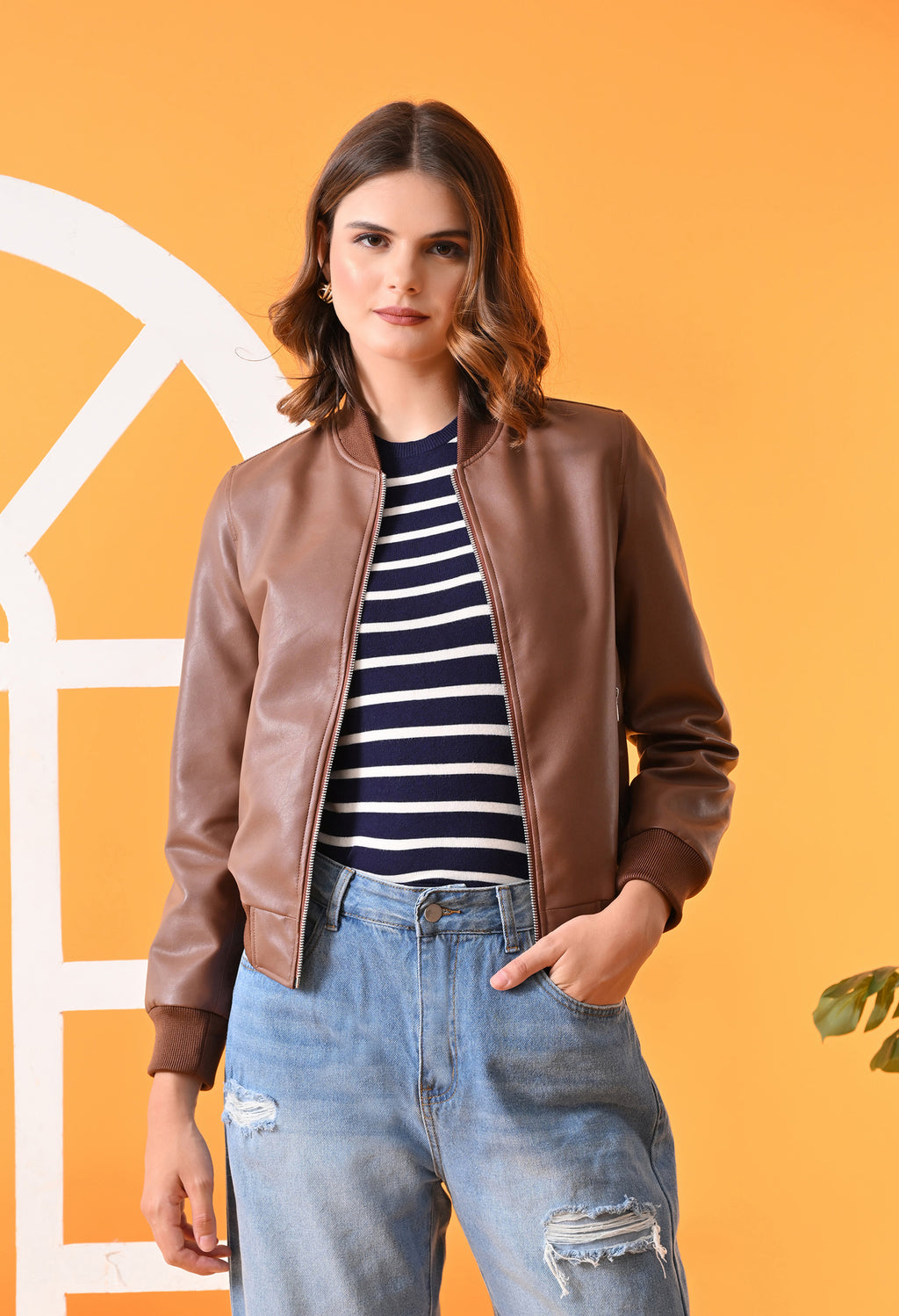 Stand Collar Leather Water Resistant Crop Outdoor Tan Bomber Jacket for Women