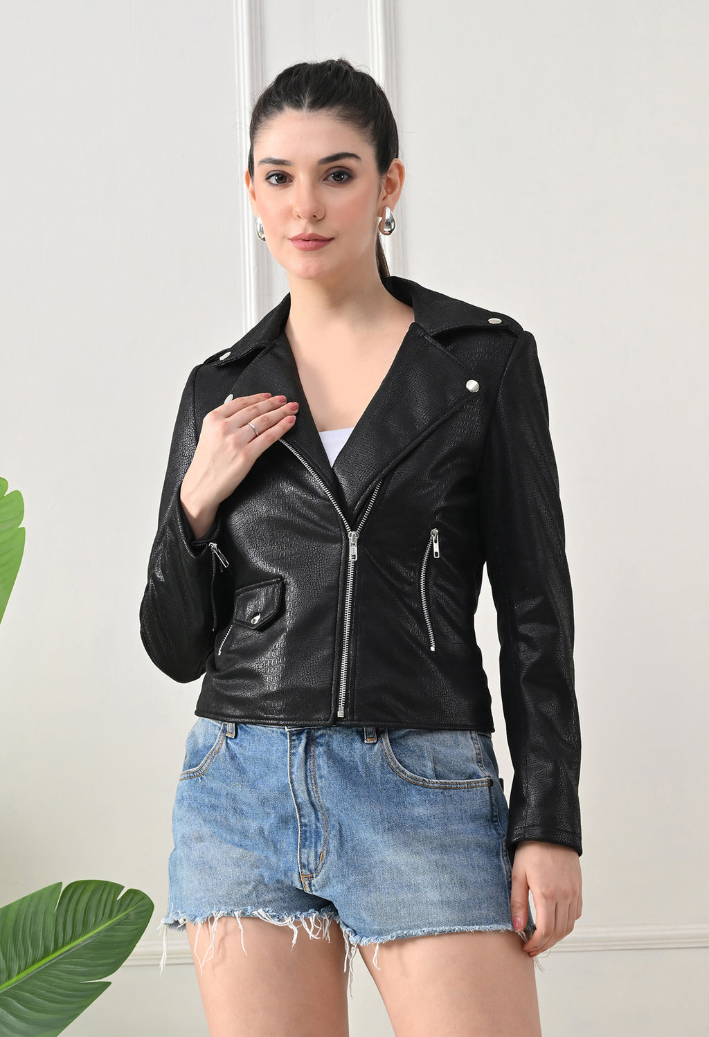Lapel Collar Solid Water Resistant Biker Black Jacket for women