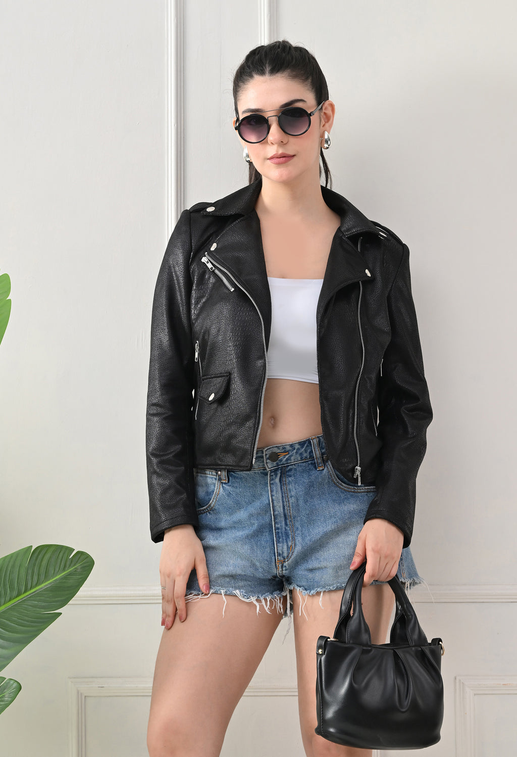 Lapel Collar Solid Water Resistant Biker Black Jacket for women