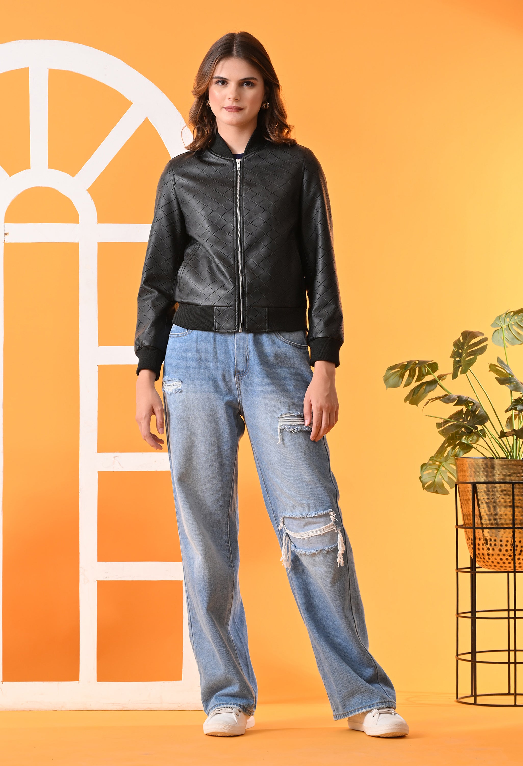 Stand Collar Leather Water Resistant Crop Outdoor Bomber Jacket For Women