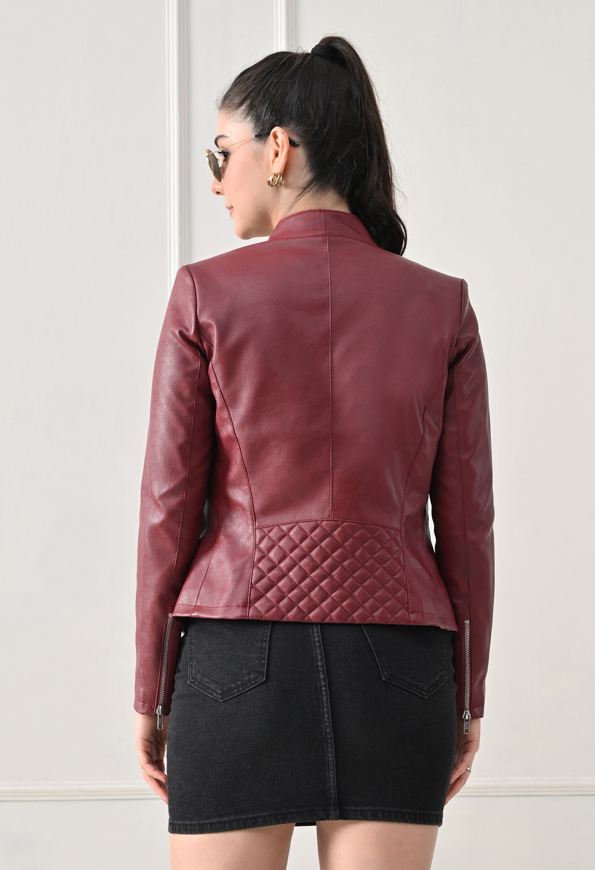 Lapel Collar Solid Water Resistant Maroon Biker Jacket for Women