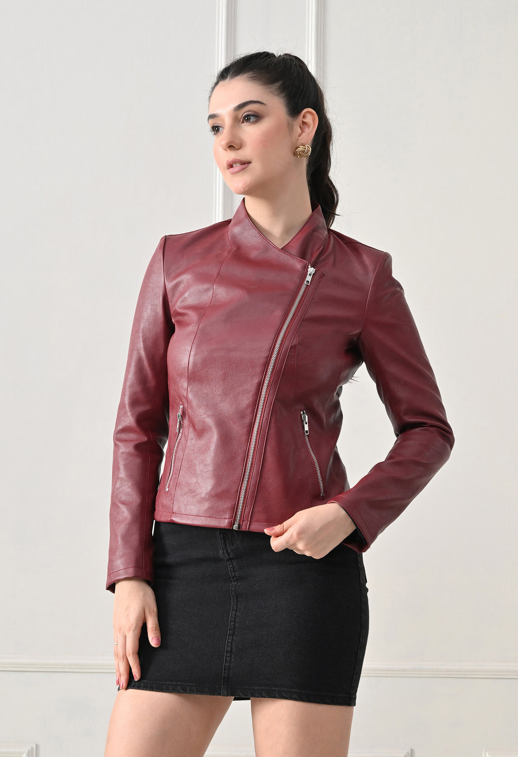 Lapel Collar Solid Water Resistant Maroon Biker Jacket for Women