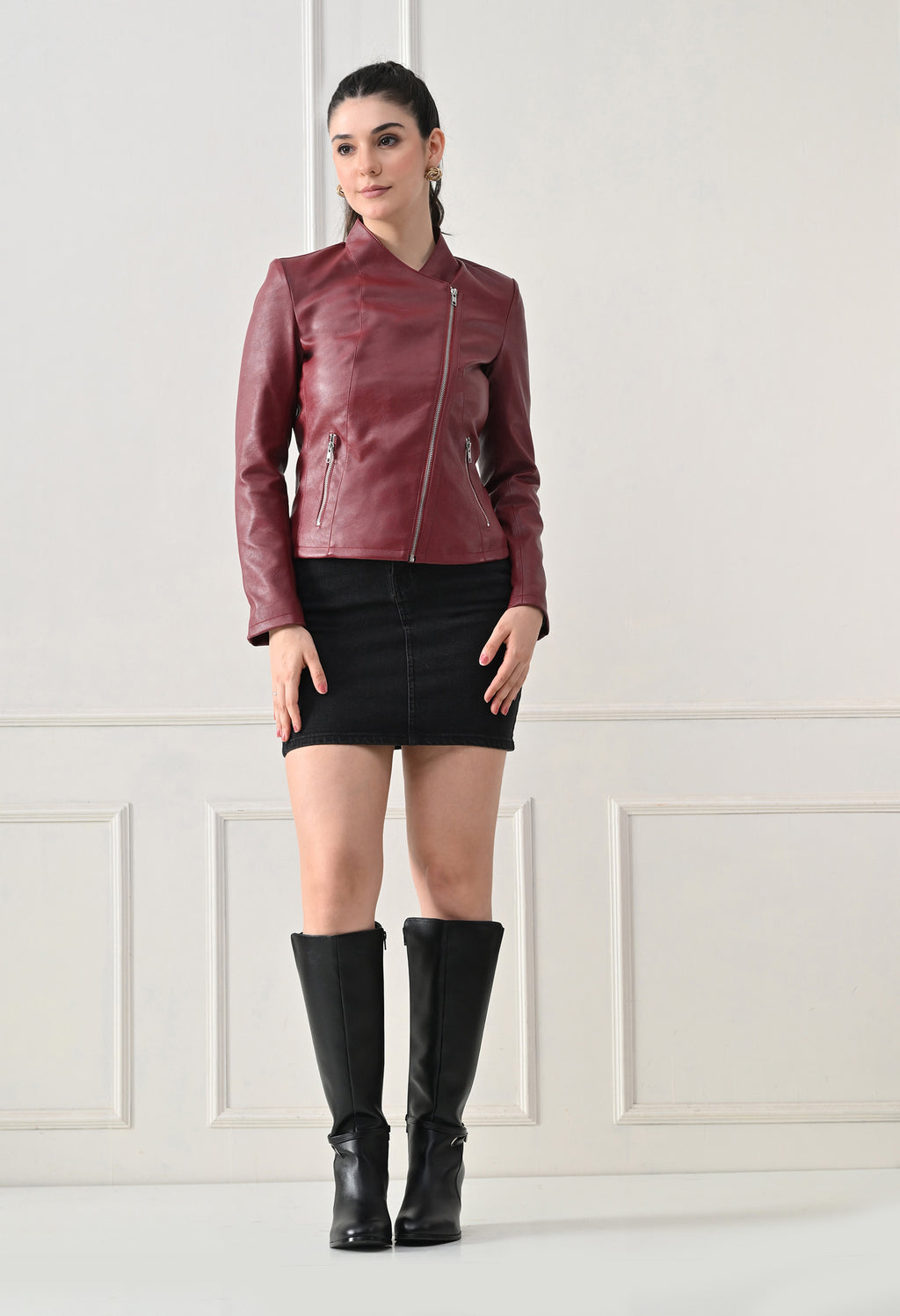 Lapel Collar Solid Water Resistant Maroon Biker Jacket for Women