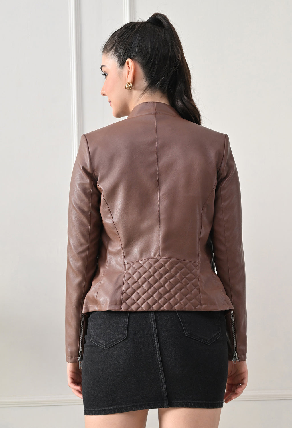 Lapel Collar Solid Water Resistant Tan Biker Jacket for Women