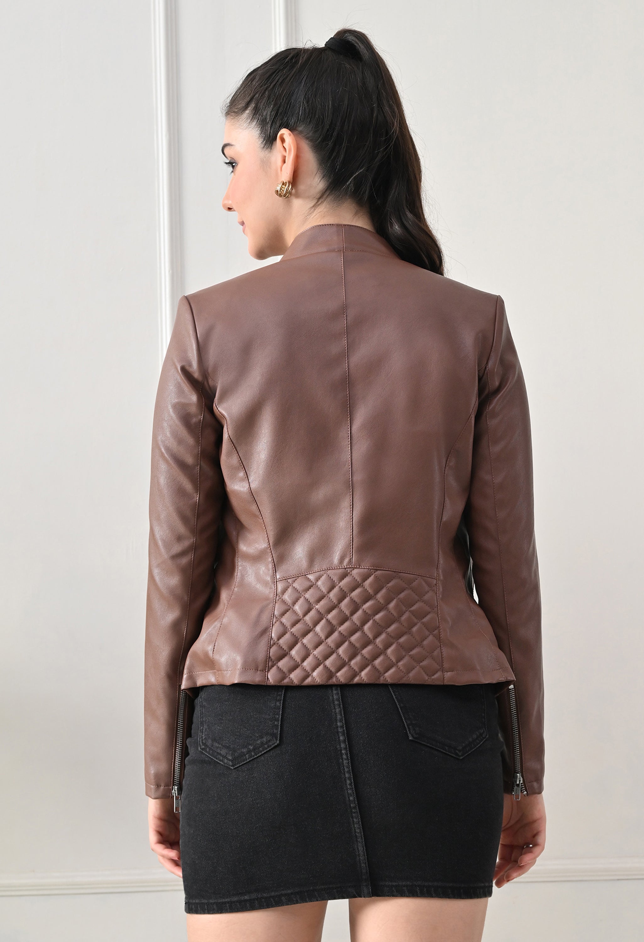 Lapel Collar Solid Water Resistant Tan Biker Jacket for Women