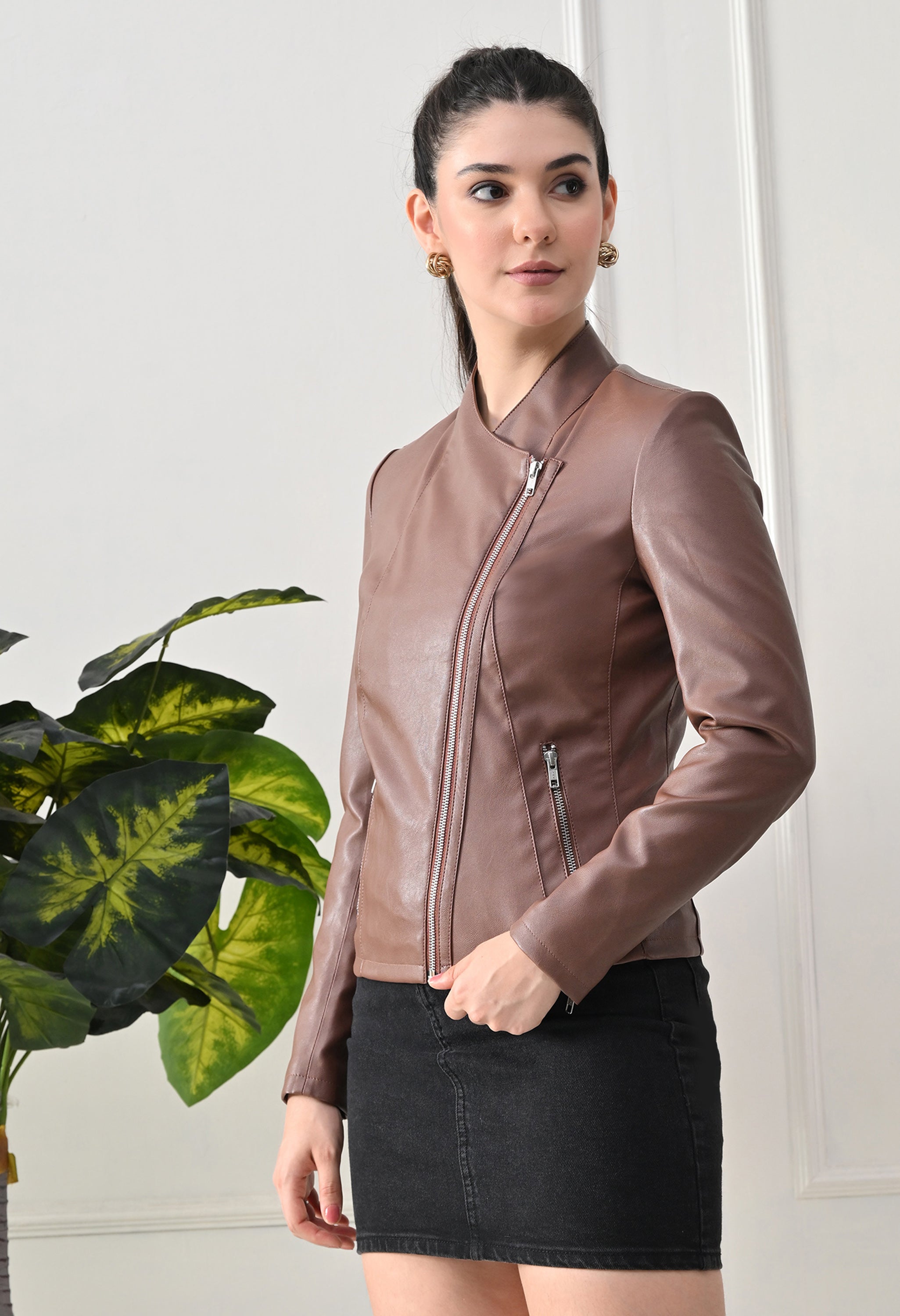 Lapel Collar Solid Water Resistant Tan Biker Jacket for Women