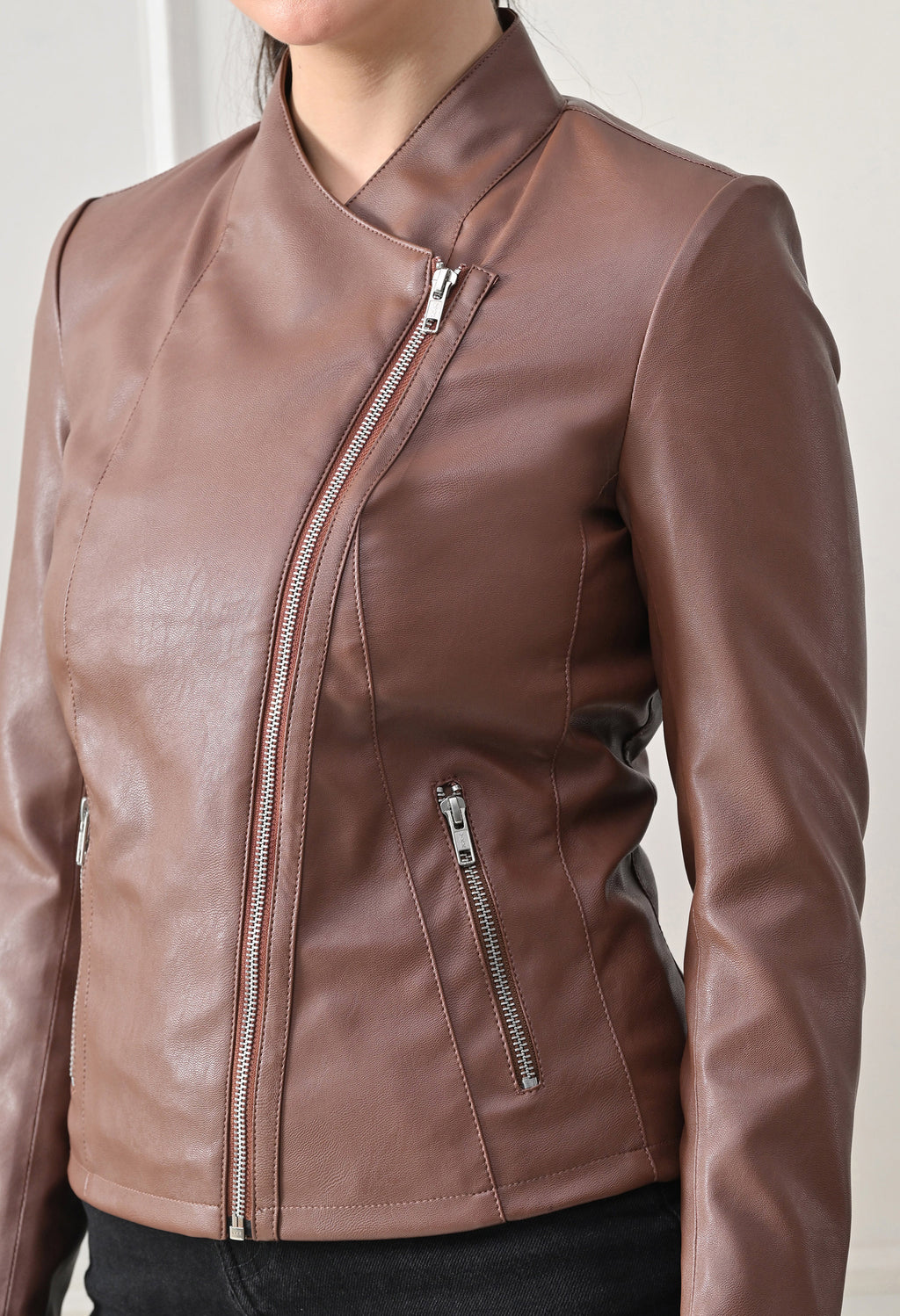 Lapel Collar Solid Water Resistant Tan Biker Jacket for Women