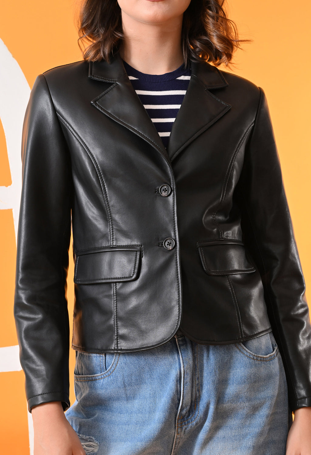 Lapel Collar Leather Water Resistant Crop Outdoor Bomber Black Jacket For Women.