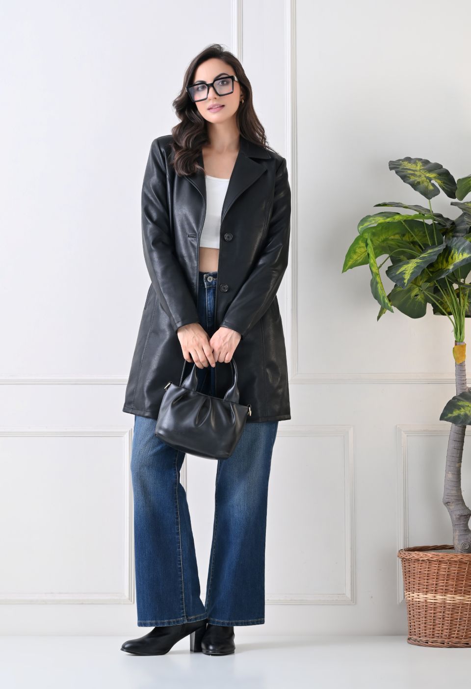 Single-Breasted Black Leather Overcoat For Women