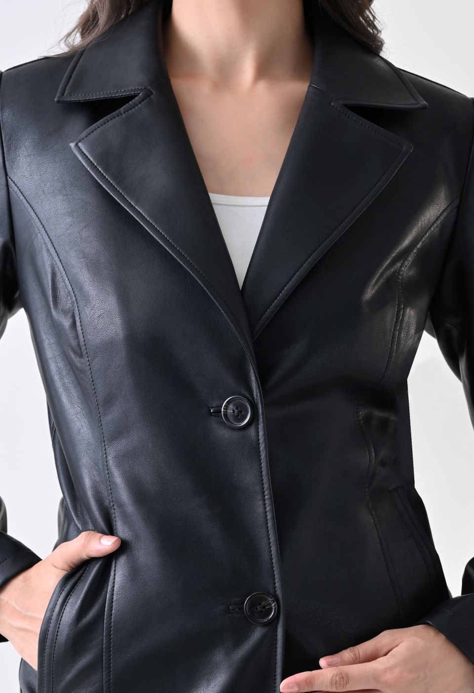Single-Breasted Black Leather Overcoat For Women