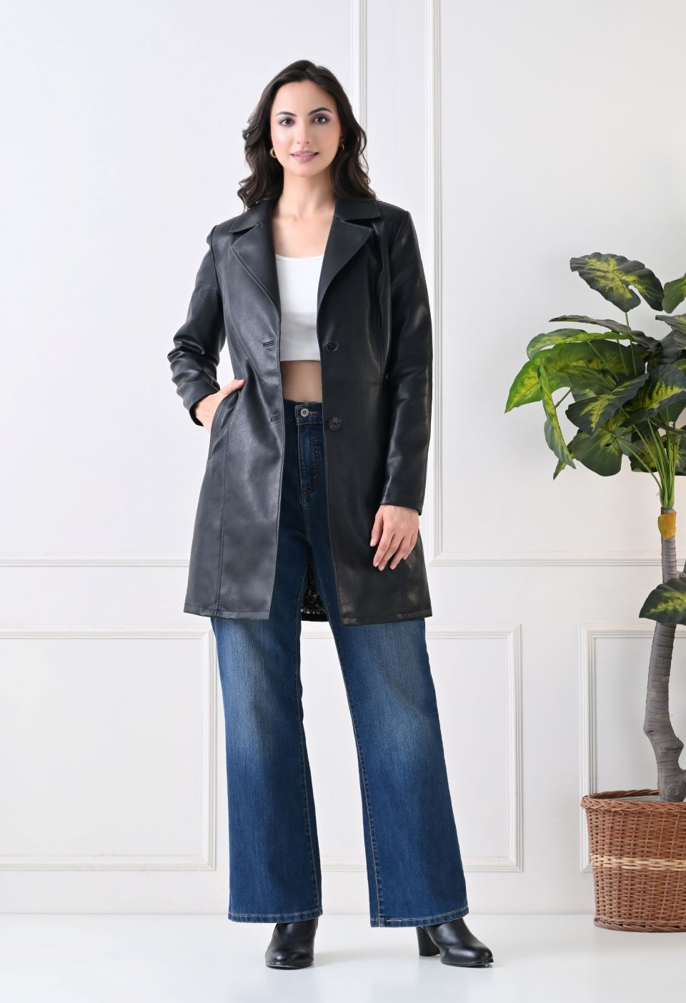 Single-Breasted Black Leather Overcoat For Women